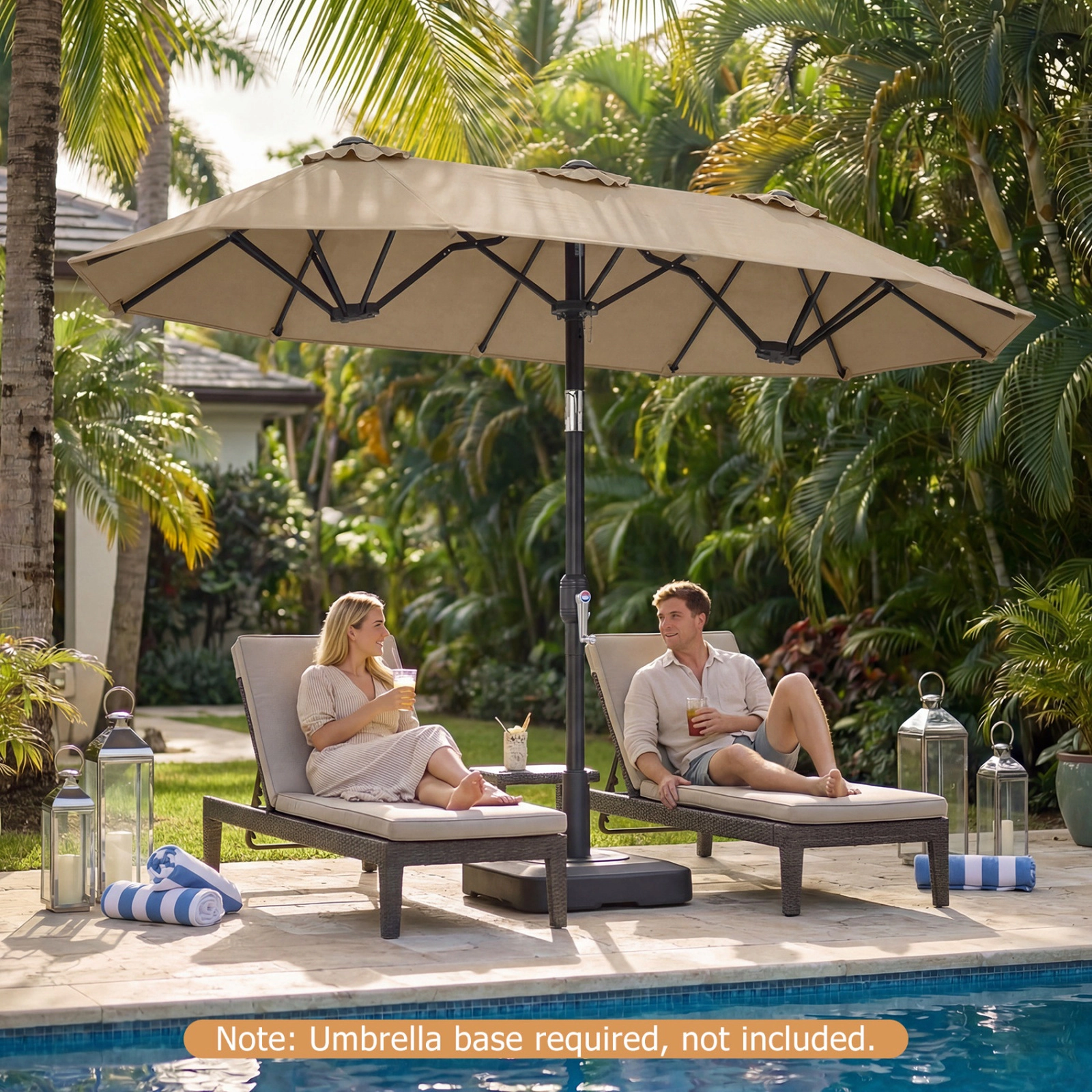 SUGIFT 10-ft Beige Rectangular Double-Sided Patio Umbrella with Crank Lift, Push-Button Tilt, 12 Ribs and 3 Vents