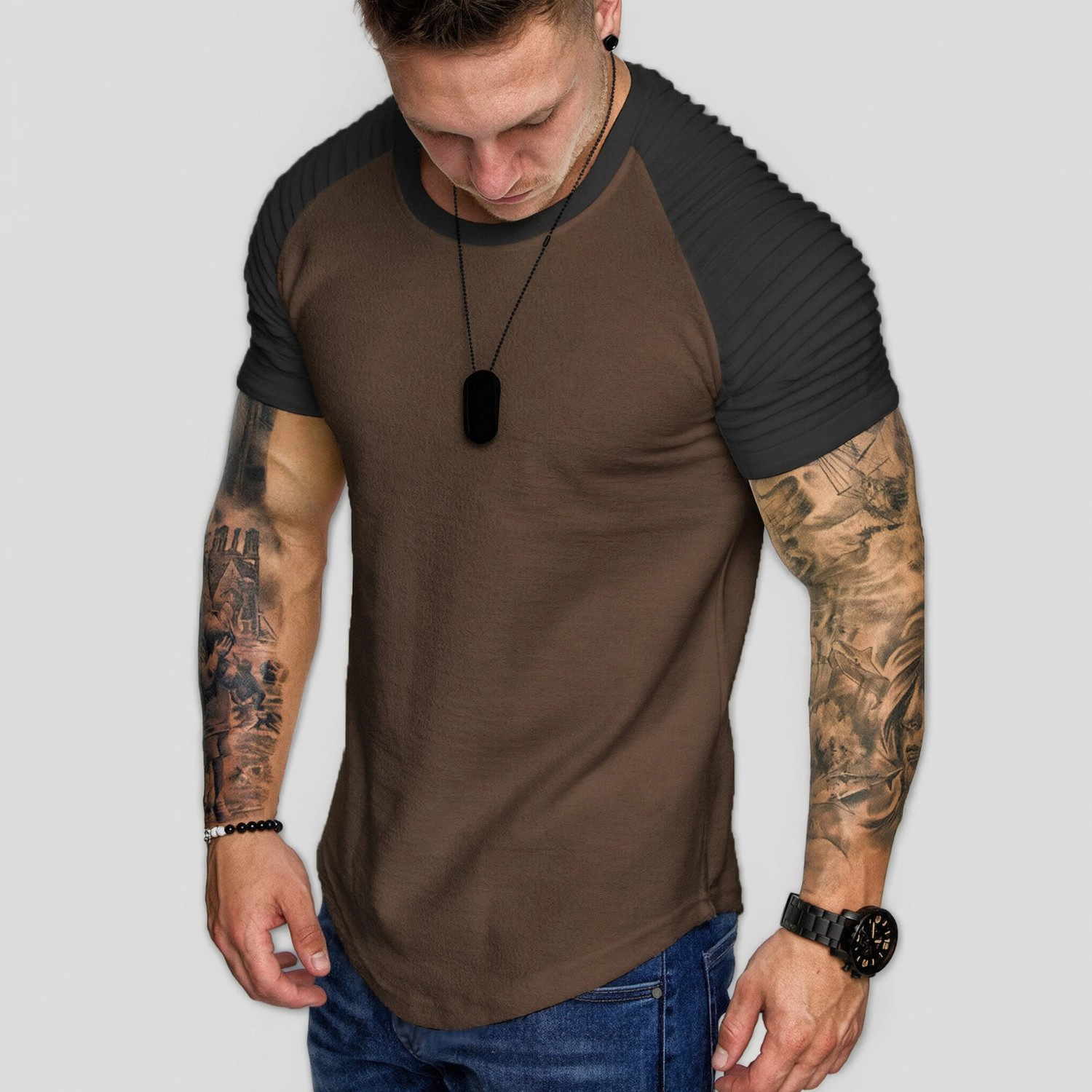 COOFANDY Mens Short Sleeve Crew Neck Tee Ribbed Pleated Sleeves Curved Hem Slim Tops