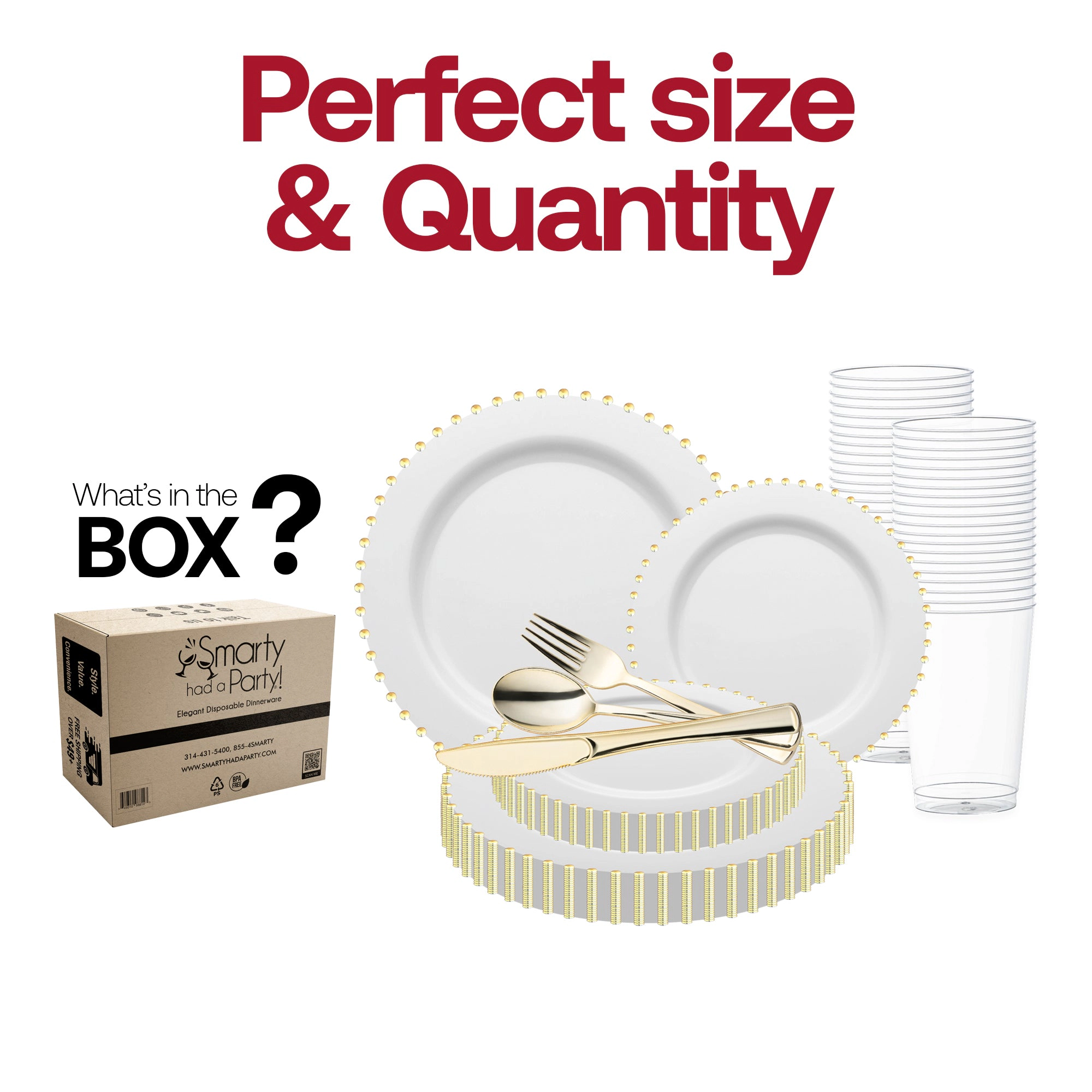 Smarty Had A Party White with Gold Pearl String Round Disposable Plastic Wedding Value Set