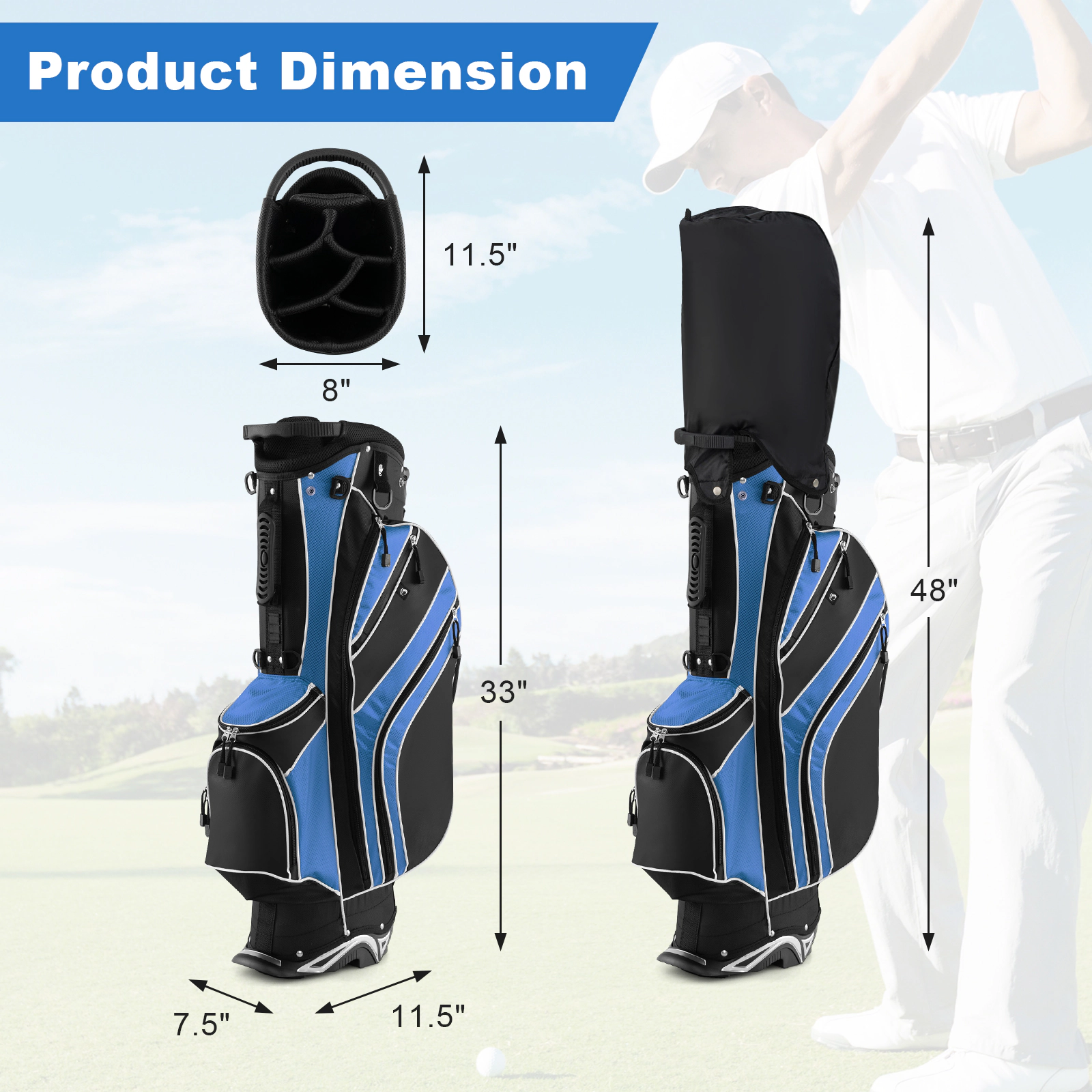 SUGIFT Ergonomic 6-Way Divider Golf Stand Cart Bag with Automatic Stand Carry Pockets Blue