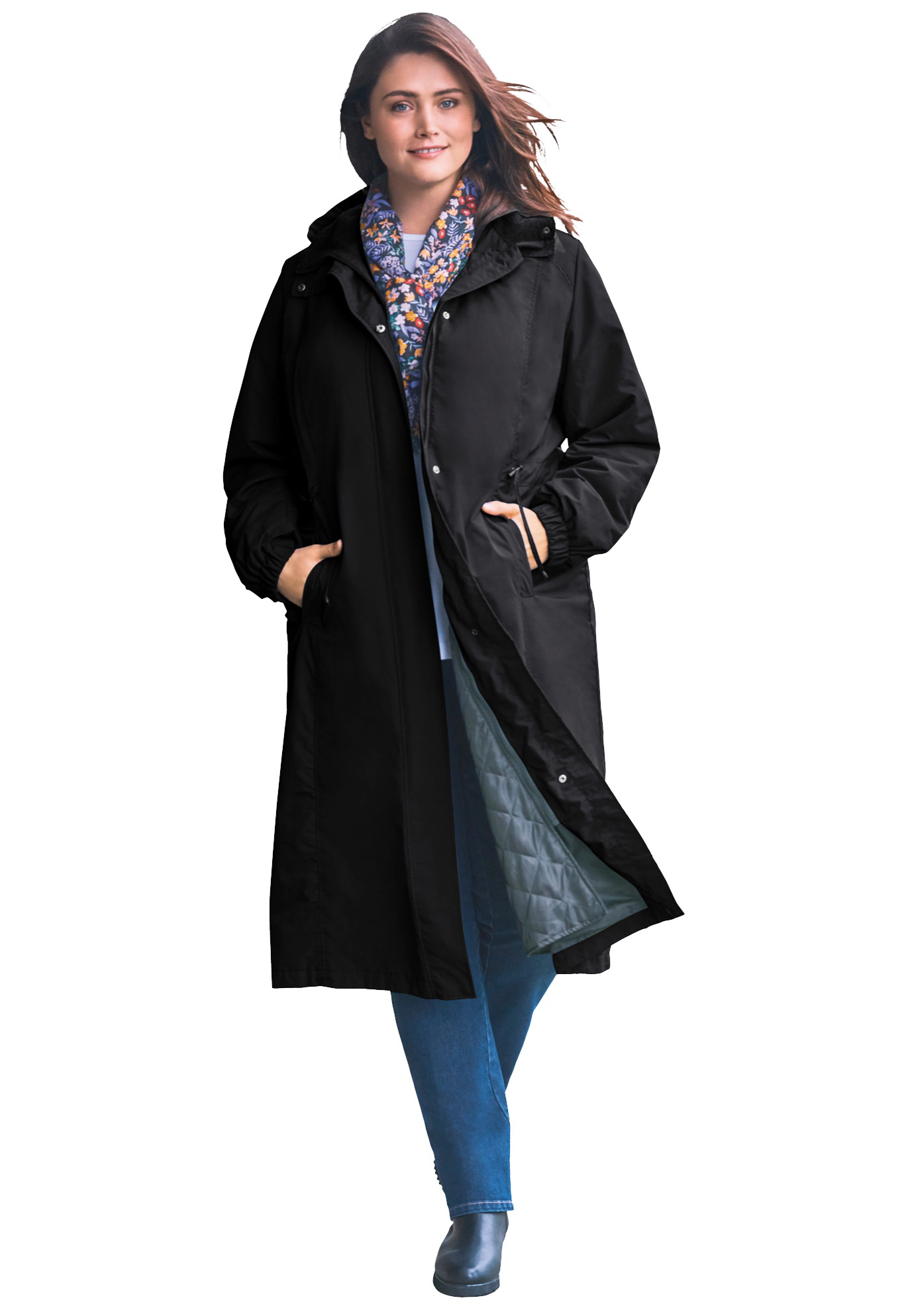 Woman Within Plus Long Hooded Taslon Jacket