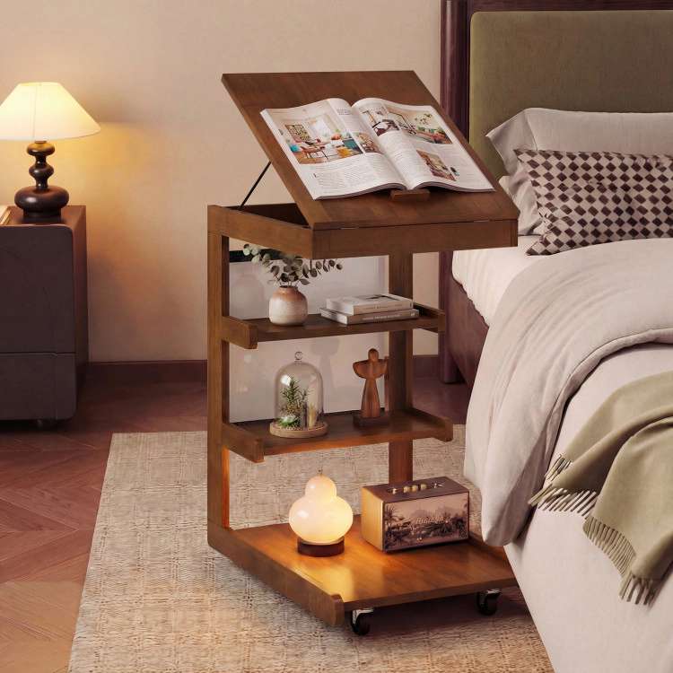 Hivvago C-Shaped End Table With Wheels And Adjustable Desktop For Sofa Couch Bedside