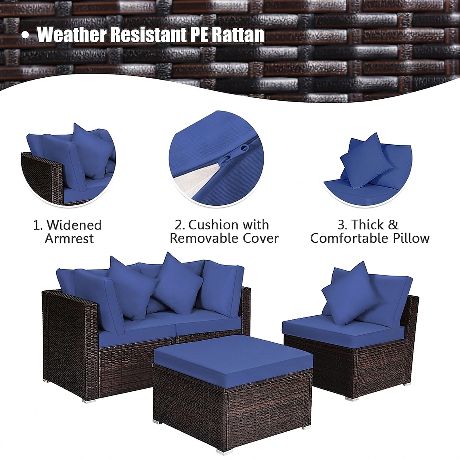 SUGIFT 4-Piece PE Rattan Wicker Patio Sectional Sofa Set Ottoman 360-lb Capacity Navy Cushions 4-in Thick Seat Cushions
