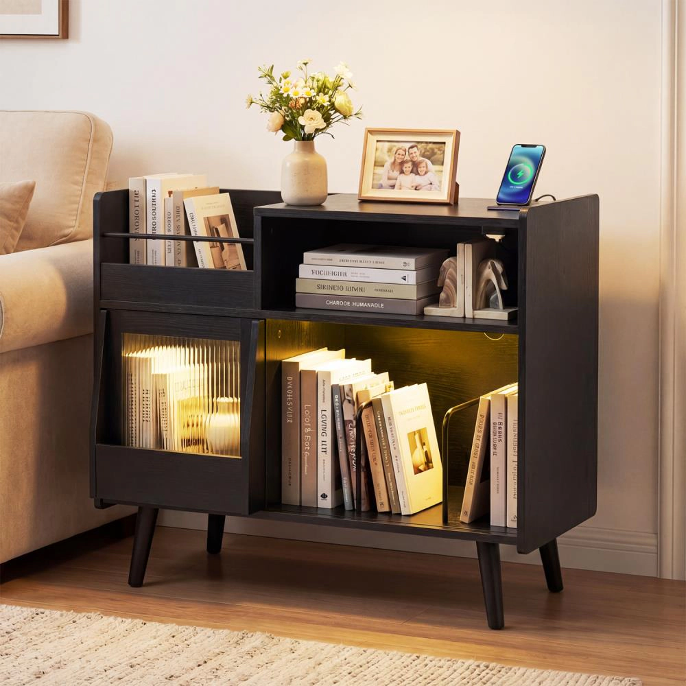 Hivvago Record Player Stand With Led Light And Power Outlets