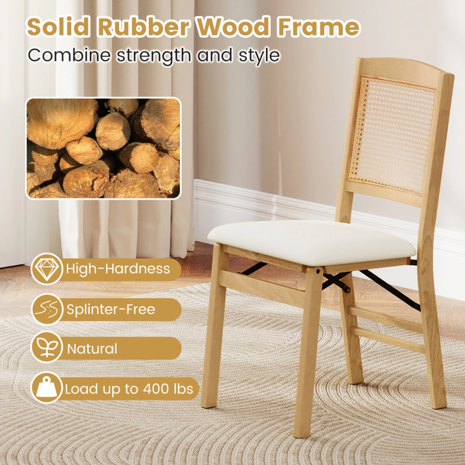 SUGIFT Folding Rubber Wood Dining Chairs Set of 2 with Linen Padded Seat 400-lb Capacity 35-in Tall Natural Beige
