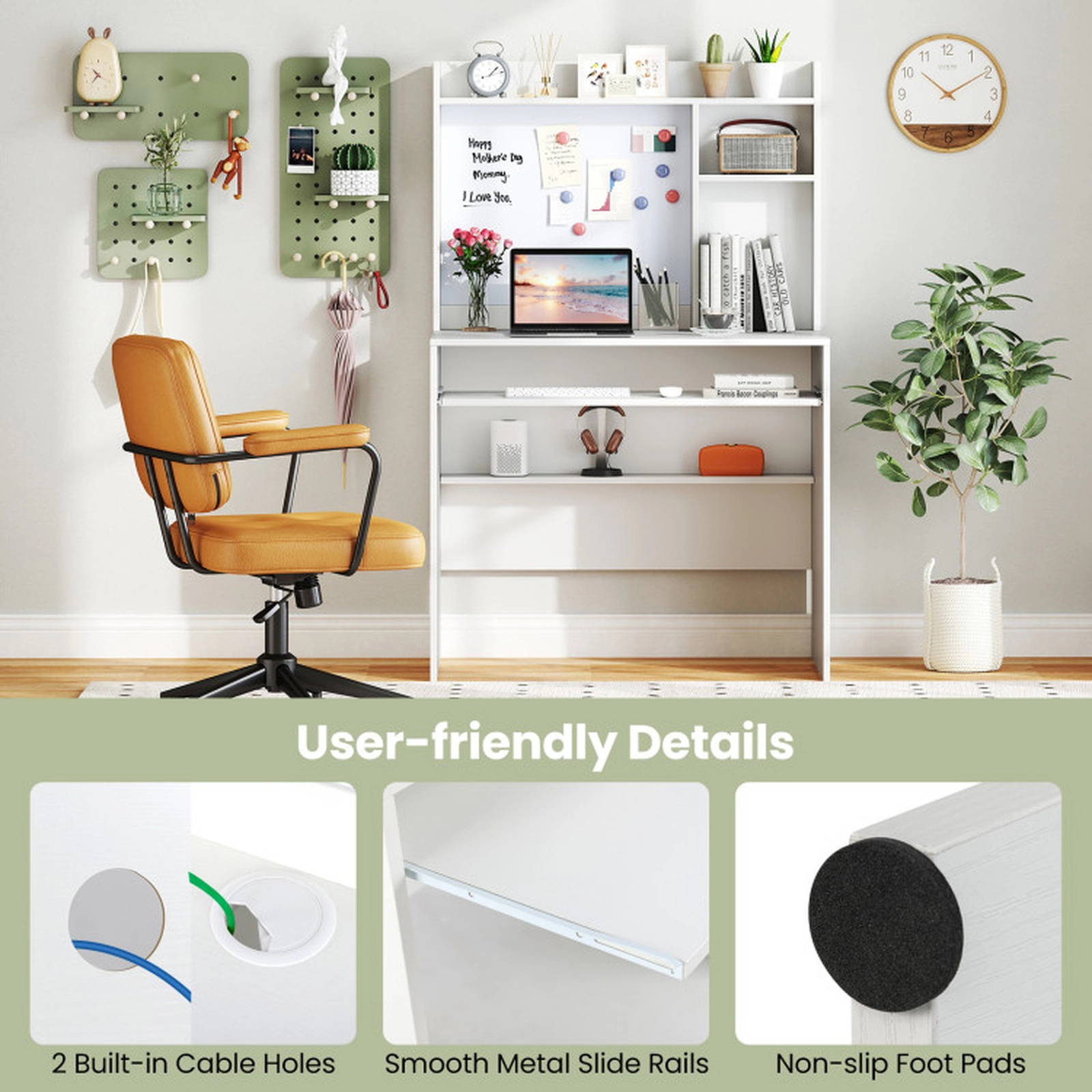 SUGIFT Compact Office Computer Desk Hutch Magnetic Whiteboard & Keyboard Tray 110-lb Tabletop Capacity 35-in Wide White