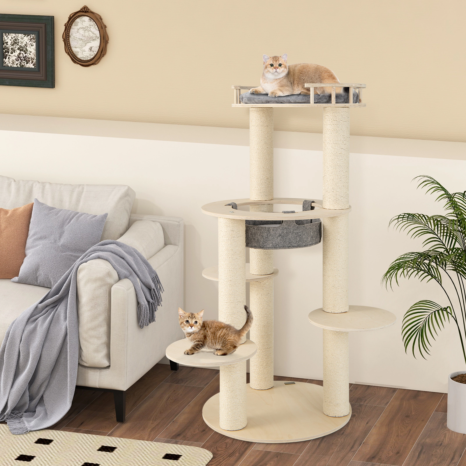 SUGIFT 59-in Tall 5-Level Wooden Cat Tree with 4.4-in Sisal Posts Fence Perch and Washable Hammock