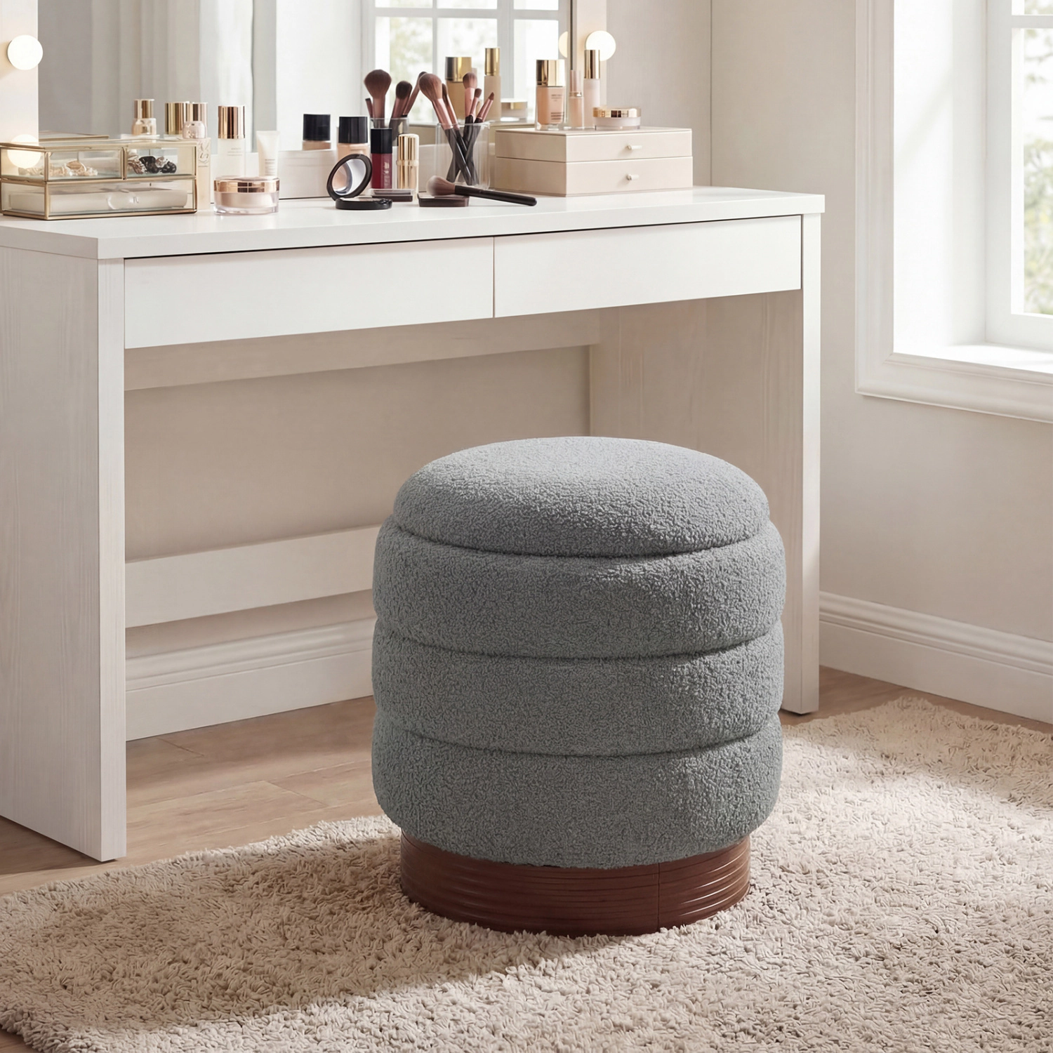 LJG Round Storage Ottoman with Acacia Wood Frame for Living Room