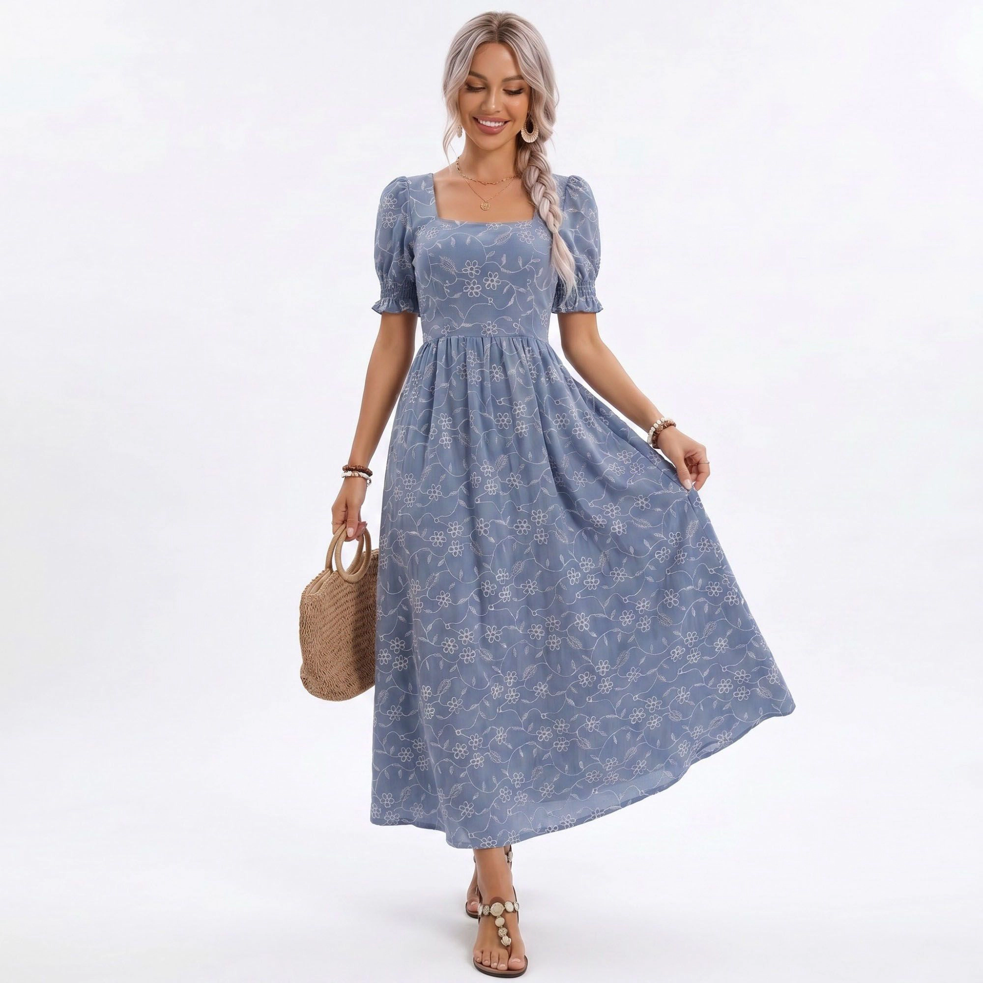 Anna-Kaci Women's Floral Embroidered Puff Sleeve Midi Dress