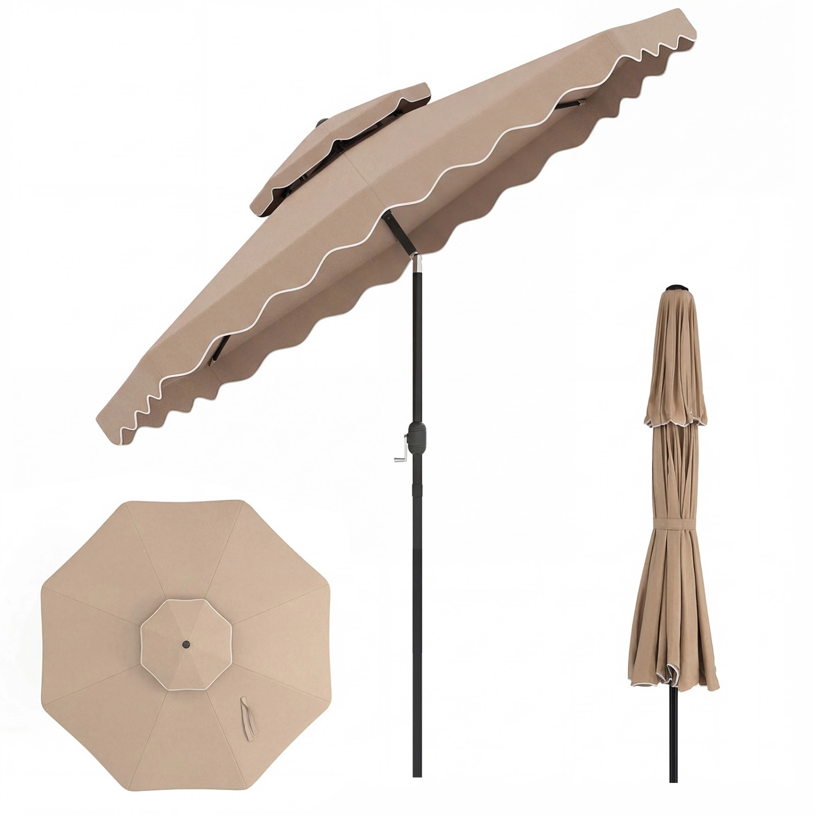 SUGIFT Coffee 9 ft Patio Umbrella with 2-Tier Vented Top and Push Button Tilt