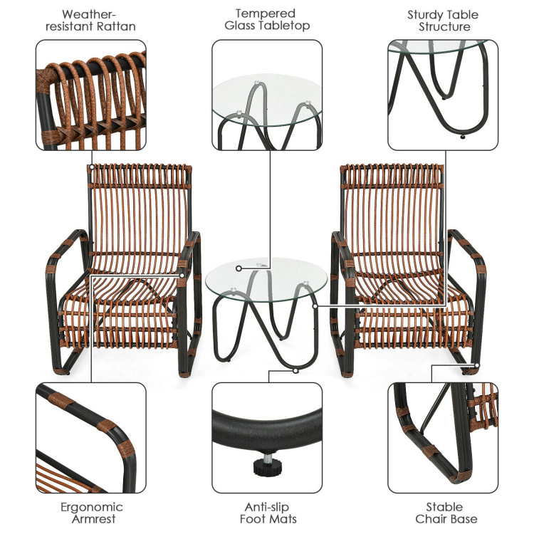 Hivvago 3 Pieces Patio Rattan Furniture Set With 2 Single Wicker Chairs And Glass Side Table