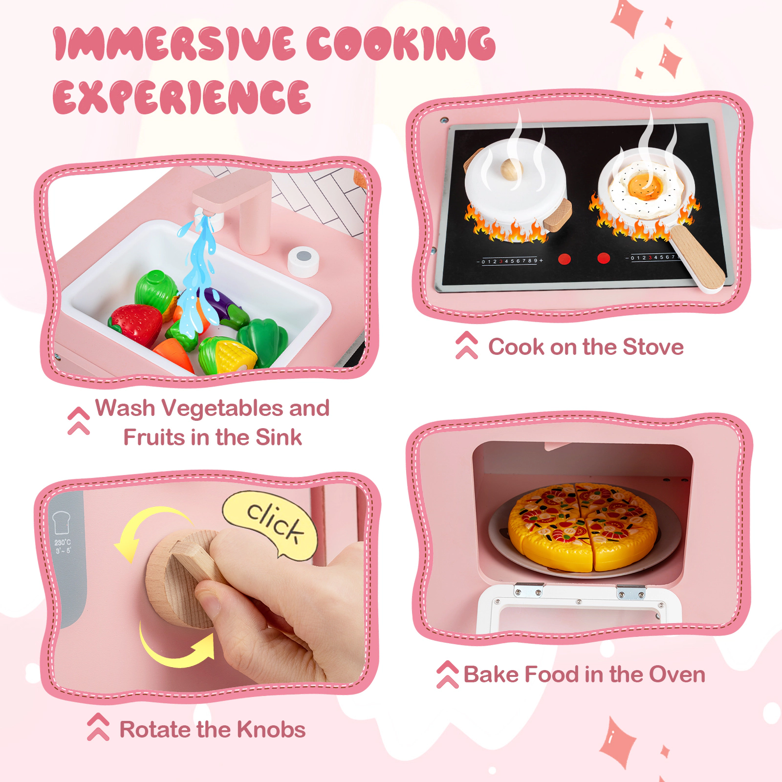 SUGIFT Pink and White Stoves Sink Faucet and Oven for Toddlers Kids Wooden Play Kitchen