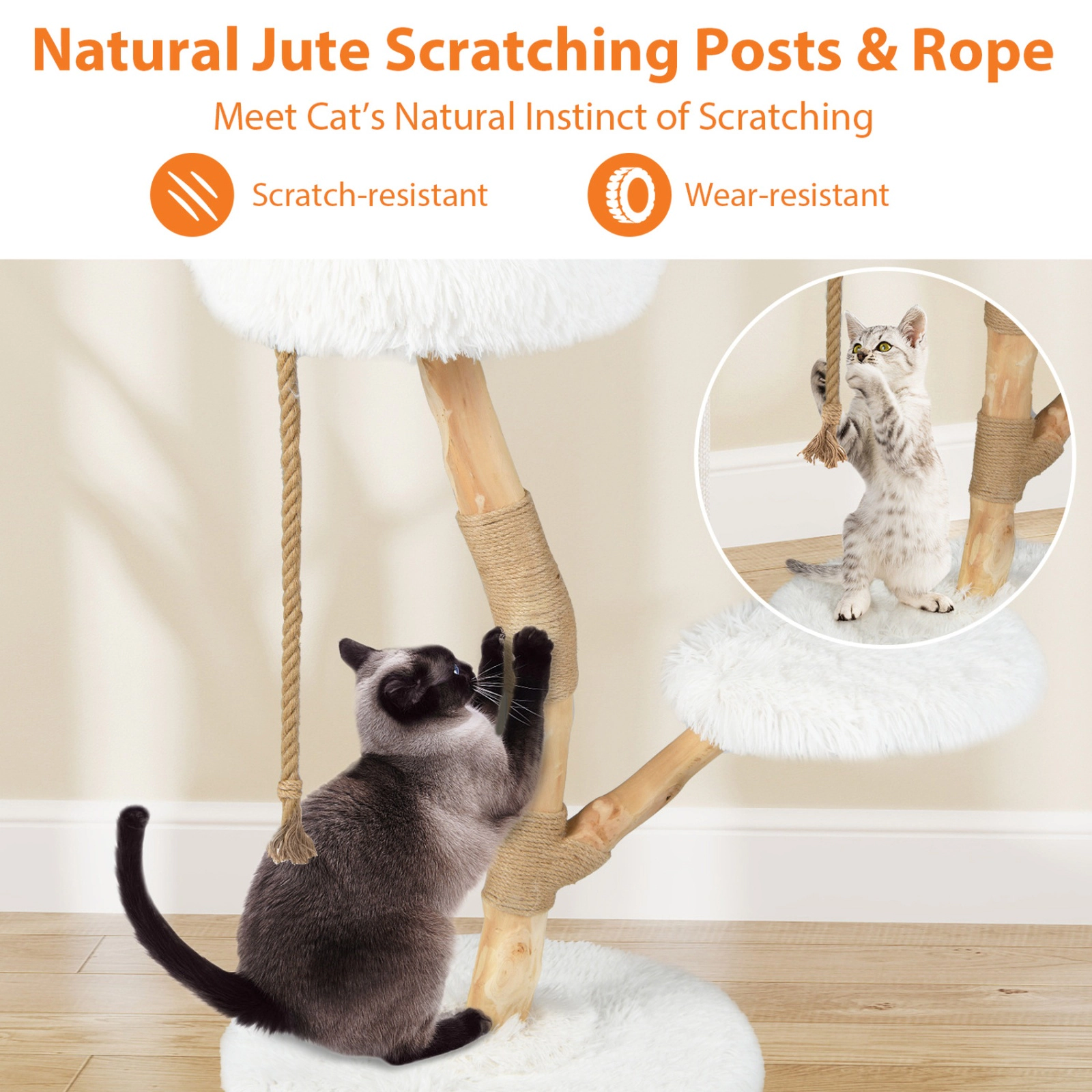 SUGIFT 35.5-in Tall Modern Wooden Cat Tree with 16-in Top Perch Jute Scratching Posts and Anti-Tip Device