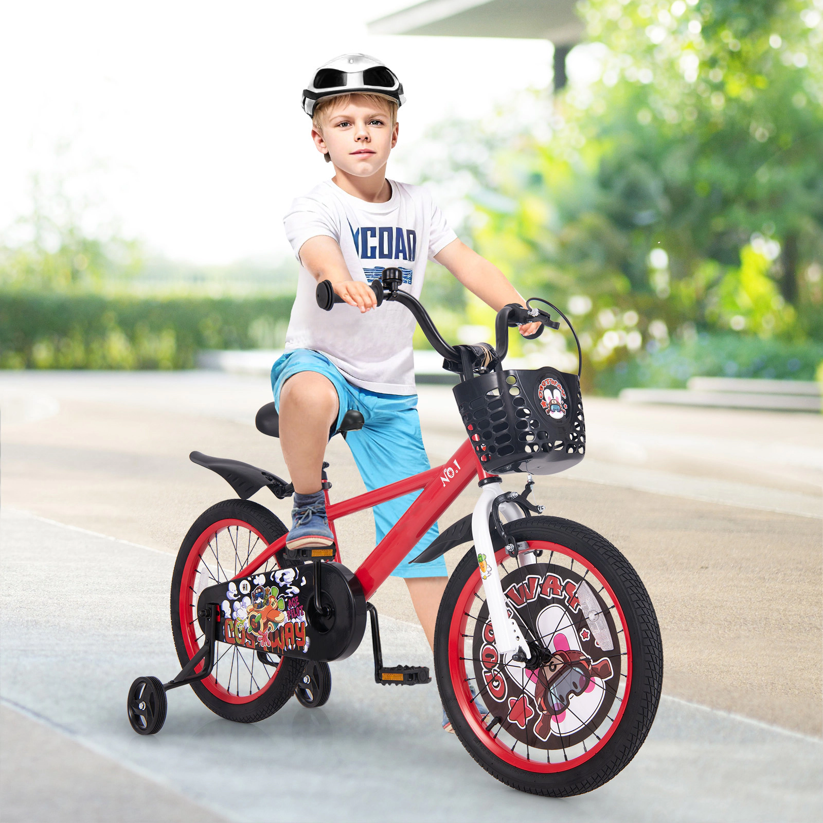 SUGIFT Adjustable 18-In Kids Bike with Training Wheels Double Brake 132-lb Capacity Ages 4-8 Red with Storage Basket