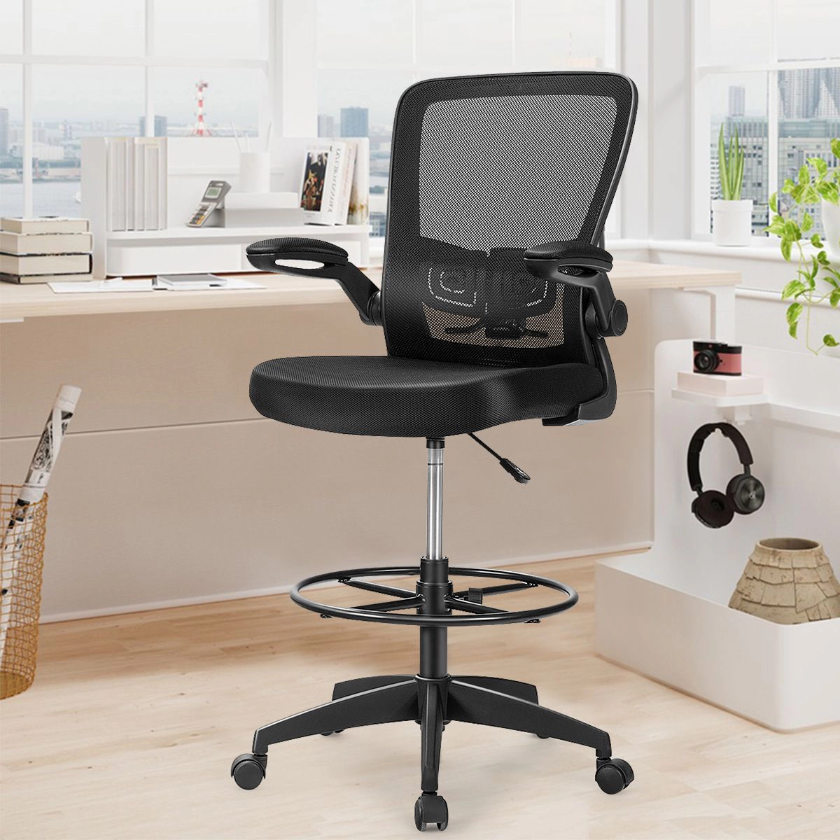 SlickBlue Ergonomic Drafting Office Chair with Mesh Back and Wheels