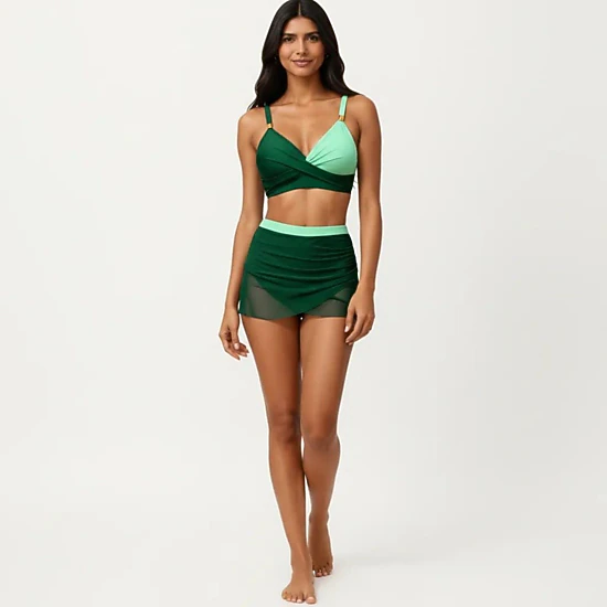Anna-Kaci Women Crisscross Bralette Two-Piece Swim Set with Ruched Skirted Bottom