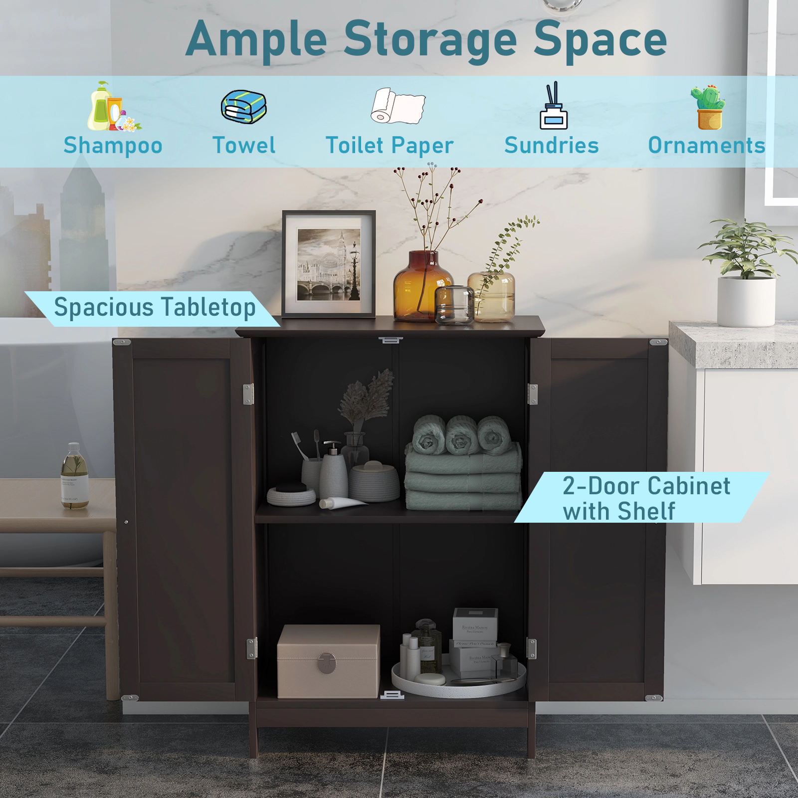 SUGIFT Bathroom Floor Storage Double Door Cupboard Cabinet 34.5-in Tall 22-lb Shelf Capacity 176-lb Top Capacity Brown