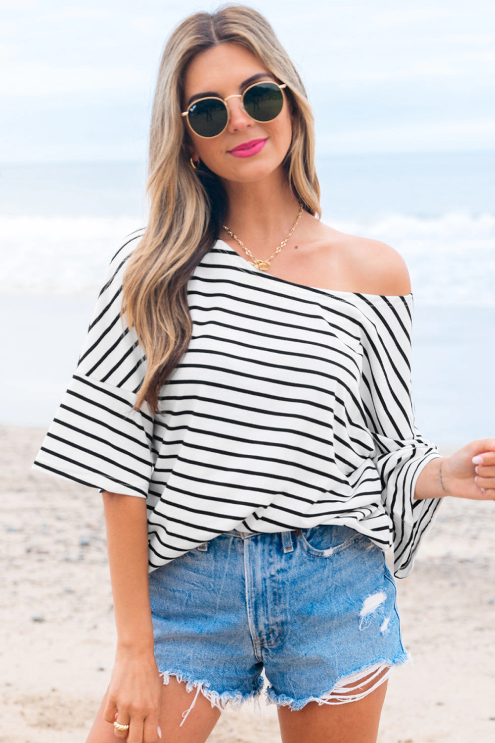 Threaded Pear Women's Lilia Stripe Half Sleeve Scoop Neck Loose Top