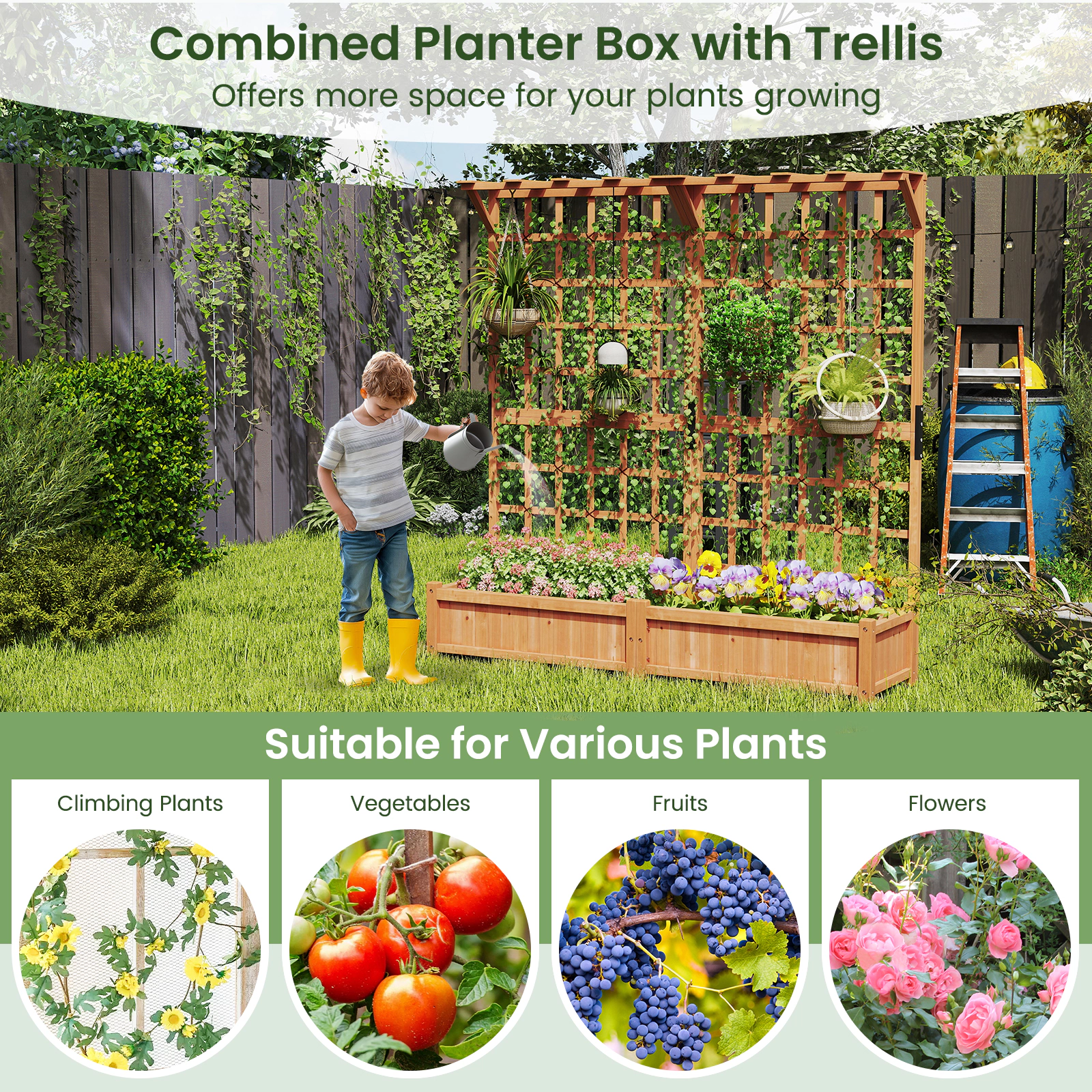 SlickBlue Outdoor Wooden Planter Box with Dual Trellis for Climbing Plants