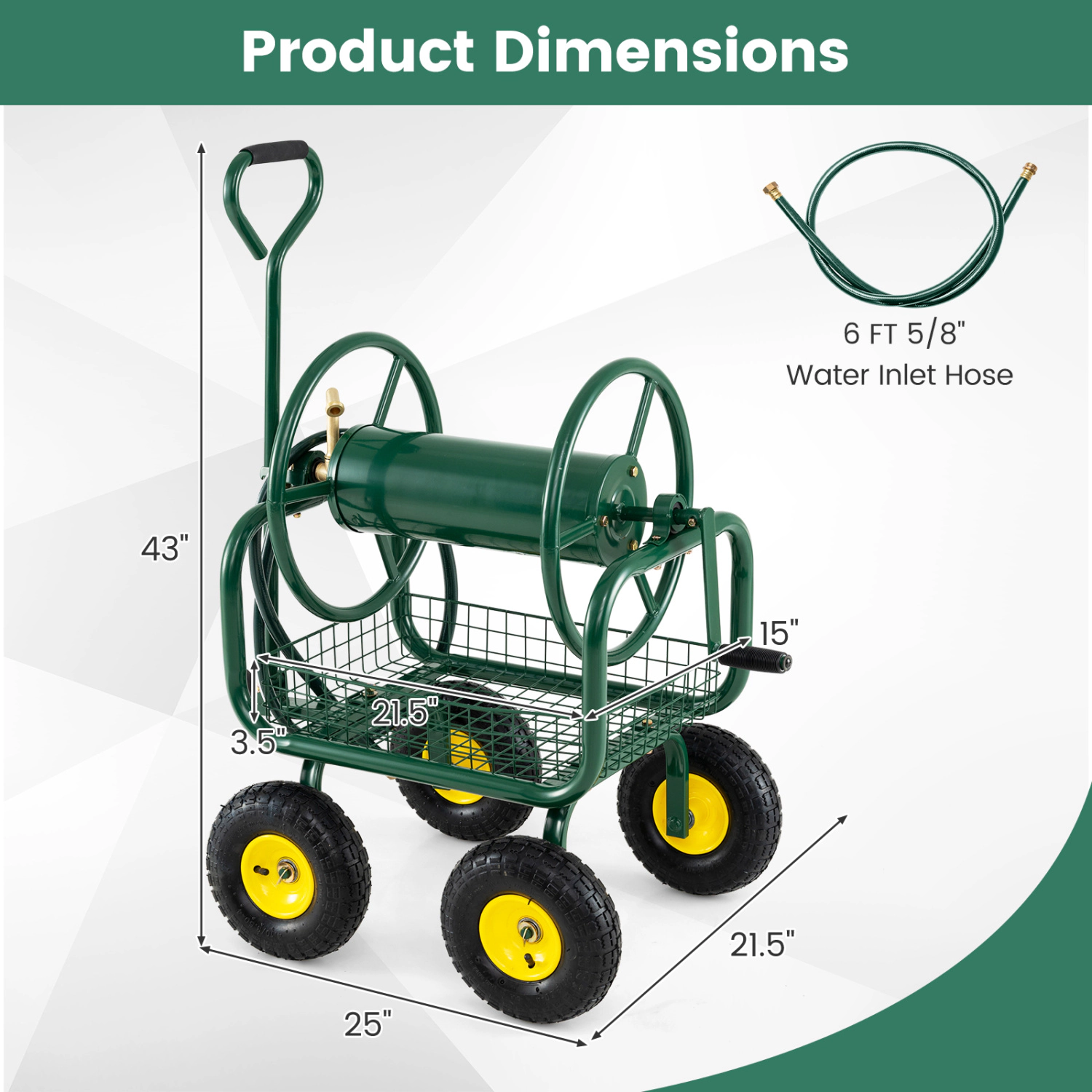 SUGIFT Garden Hose Reel Cart 300 Feet with Air-Filled Tires and Storage Basket