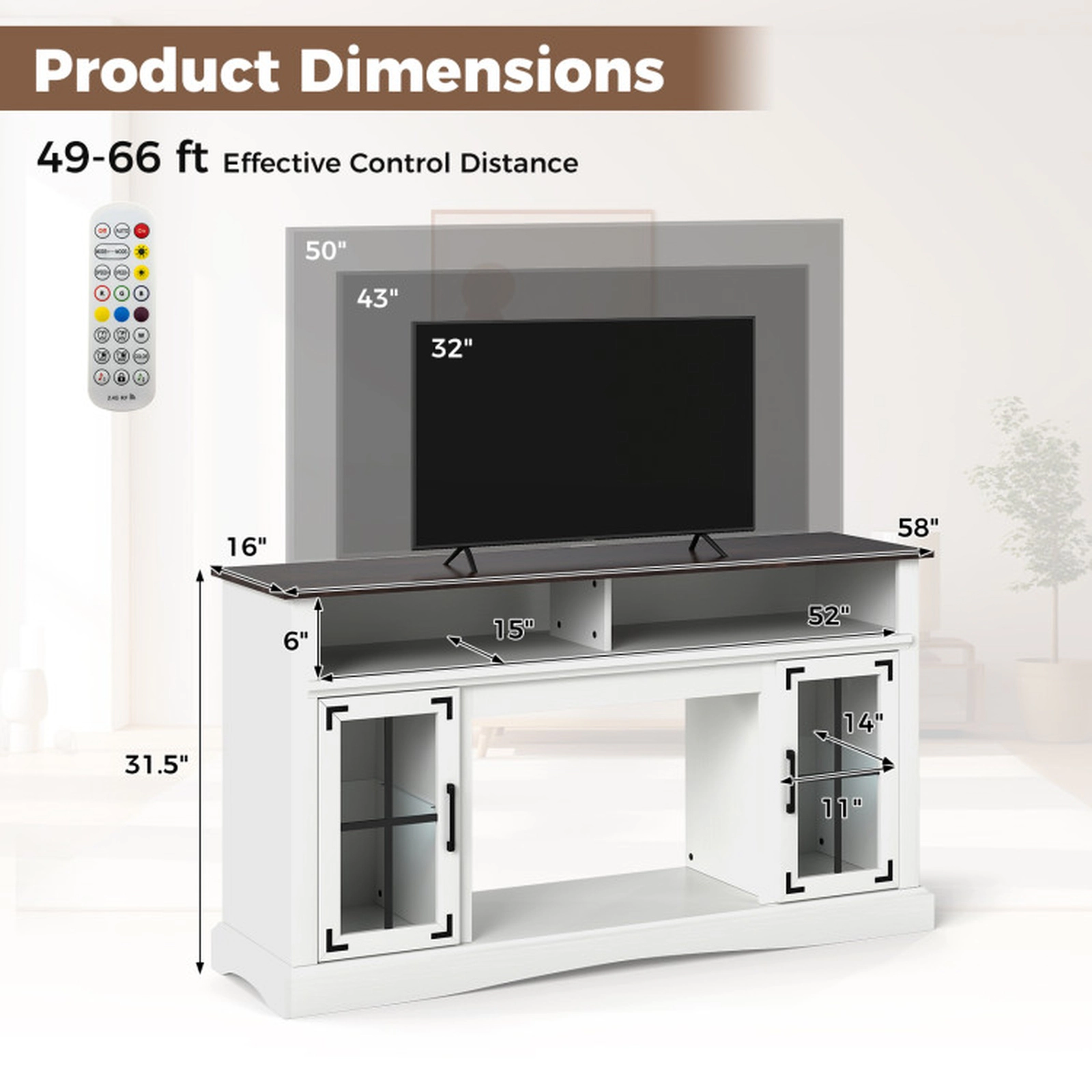 SUGIFT 58-Inch LED TV Stand for TVs up to 50 Inches, 225-Lb Capacity, App and Remote Control