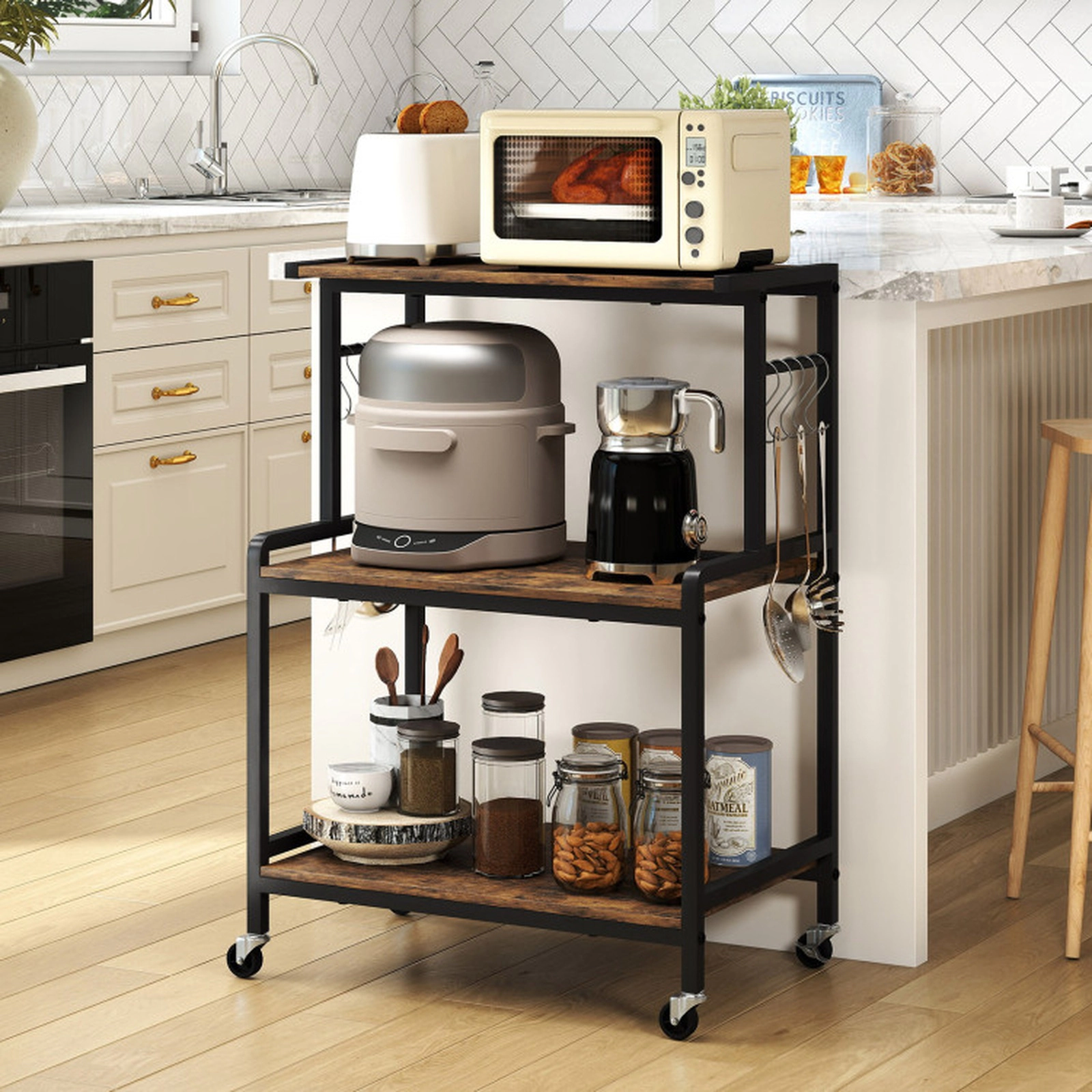 SUGIFT 3-Tier Rolling Microwave Cart with Power Outlet, Lockable Wheels and 10 Hooks 286-lb Capacity Rustic Brown