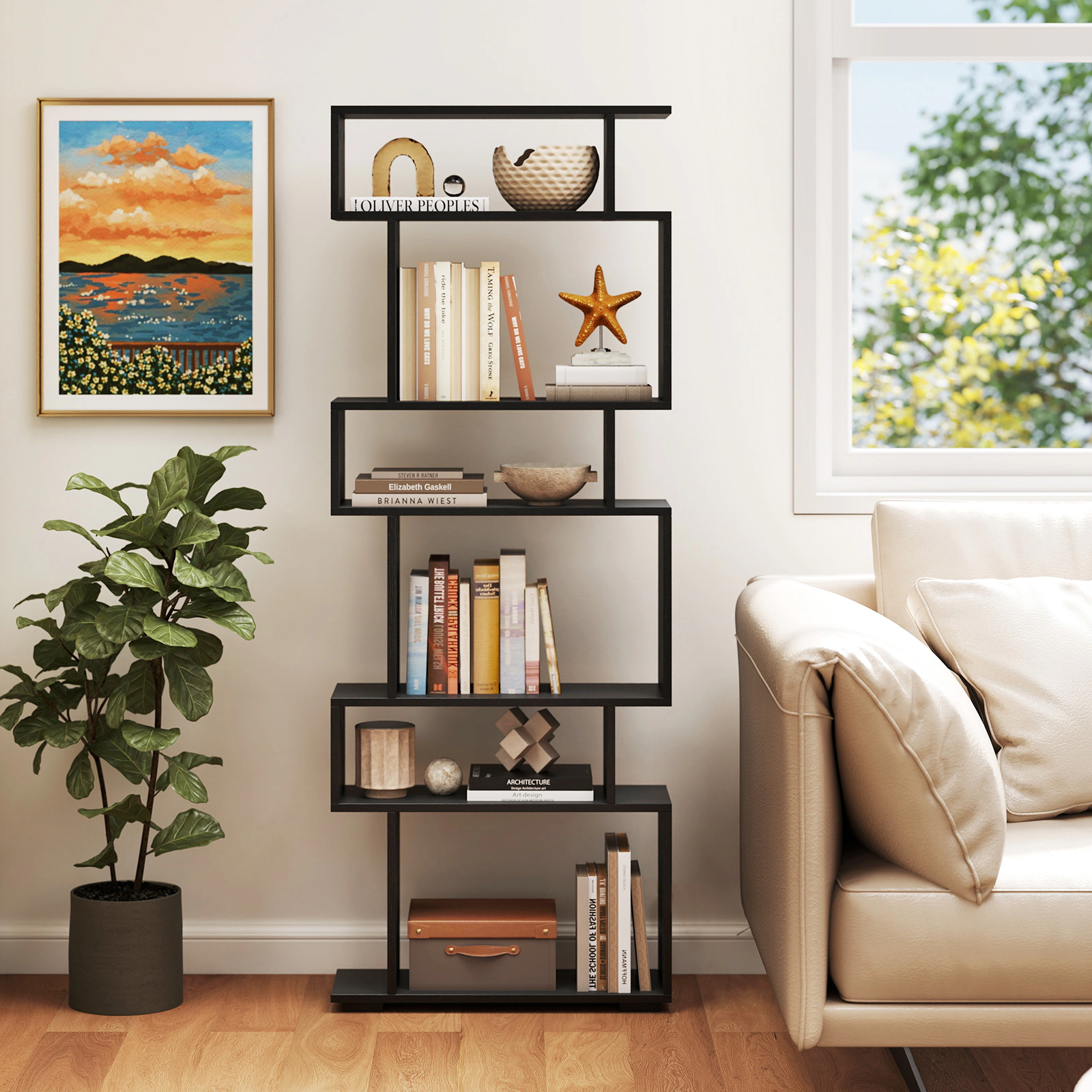 Costway 6-tier Storage Bookshelf S-shaped Geometric Bookcase with Anti-toppling Kits Orange