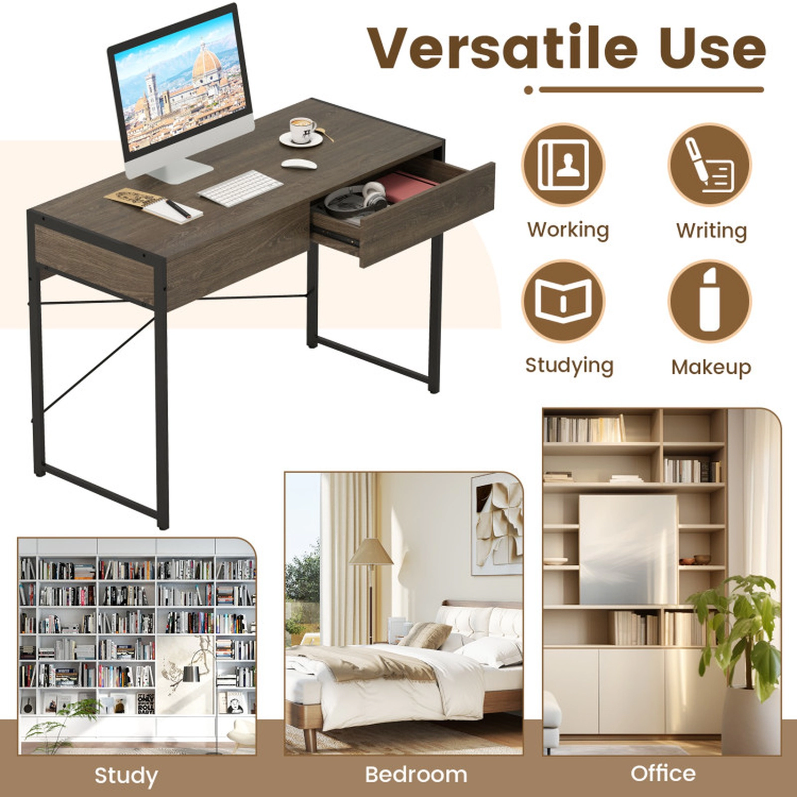 SUGIFT 44-Inch Oak Computer Desk with 2 Drawers, Metal Frame and Anti-Tipping Kit