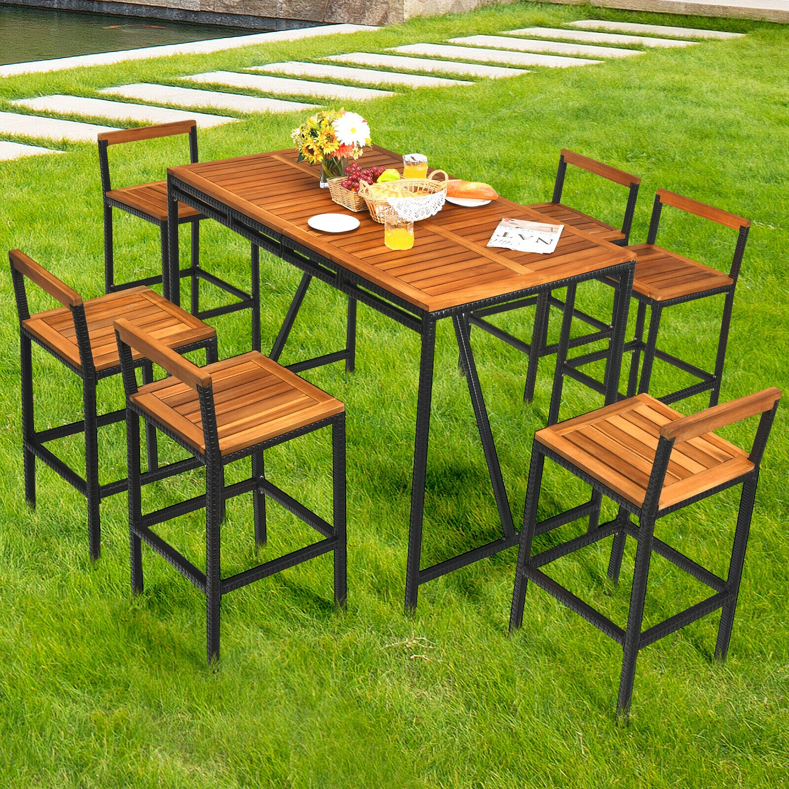 SUGIFT Natural Umbrella Hole 7-Piece Acacia Wood and Rattan Patio Bar Set
