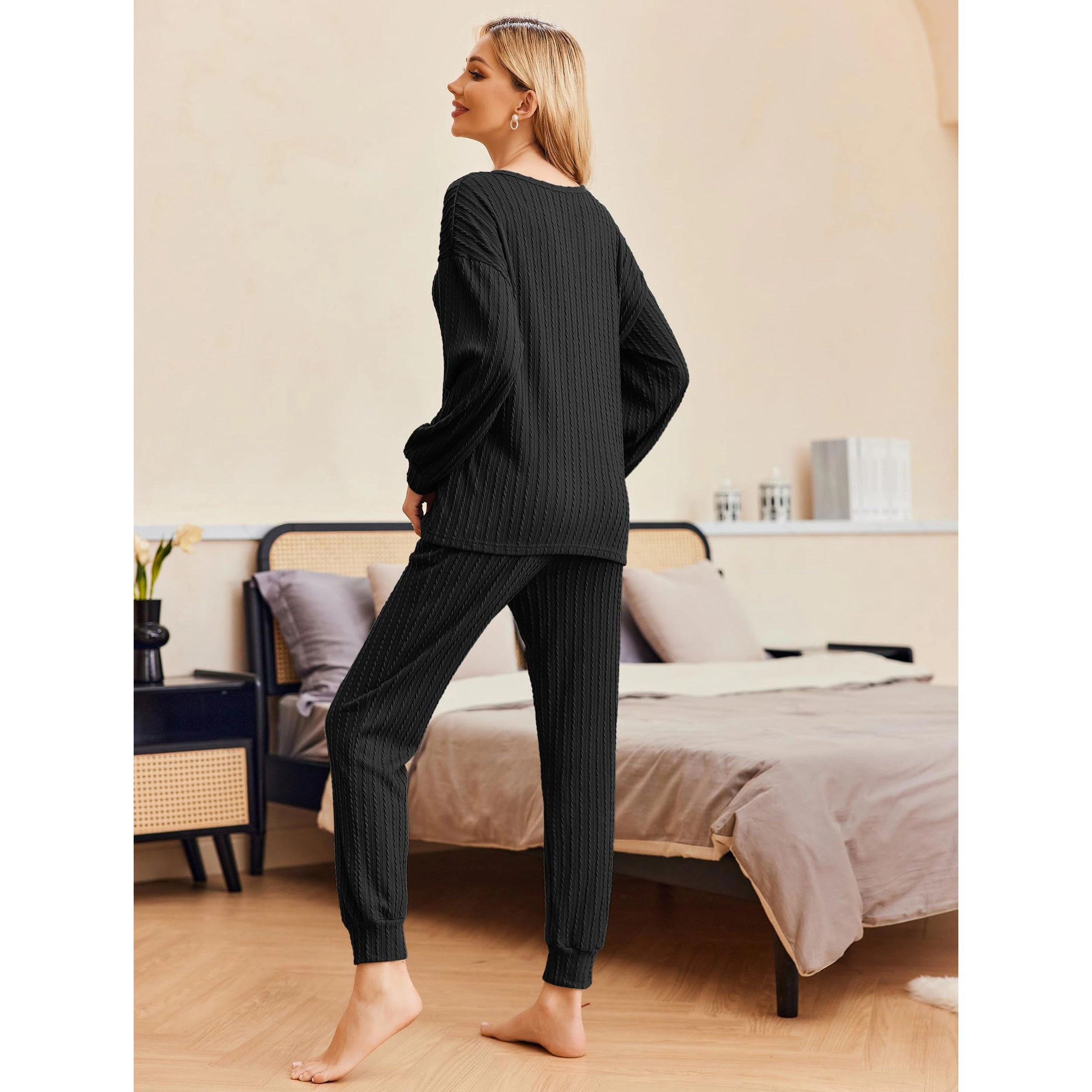 Ekouaer Pajamas Cozy Sleepwear Long Sleeve Pullover Top Pants Jogger Loungewear Set