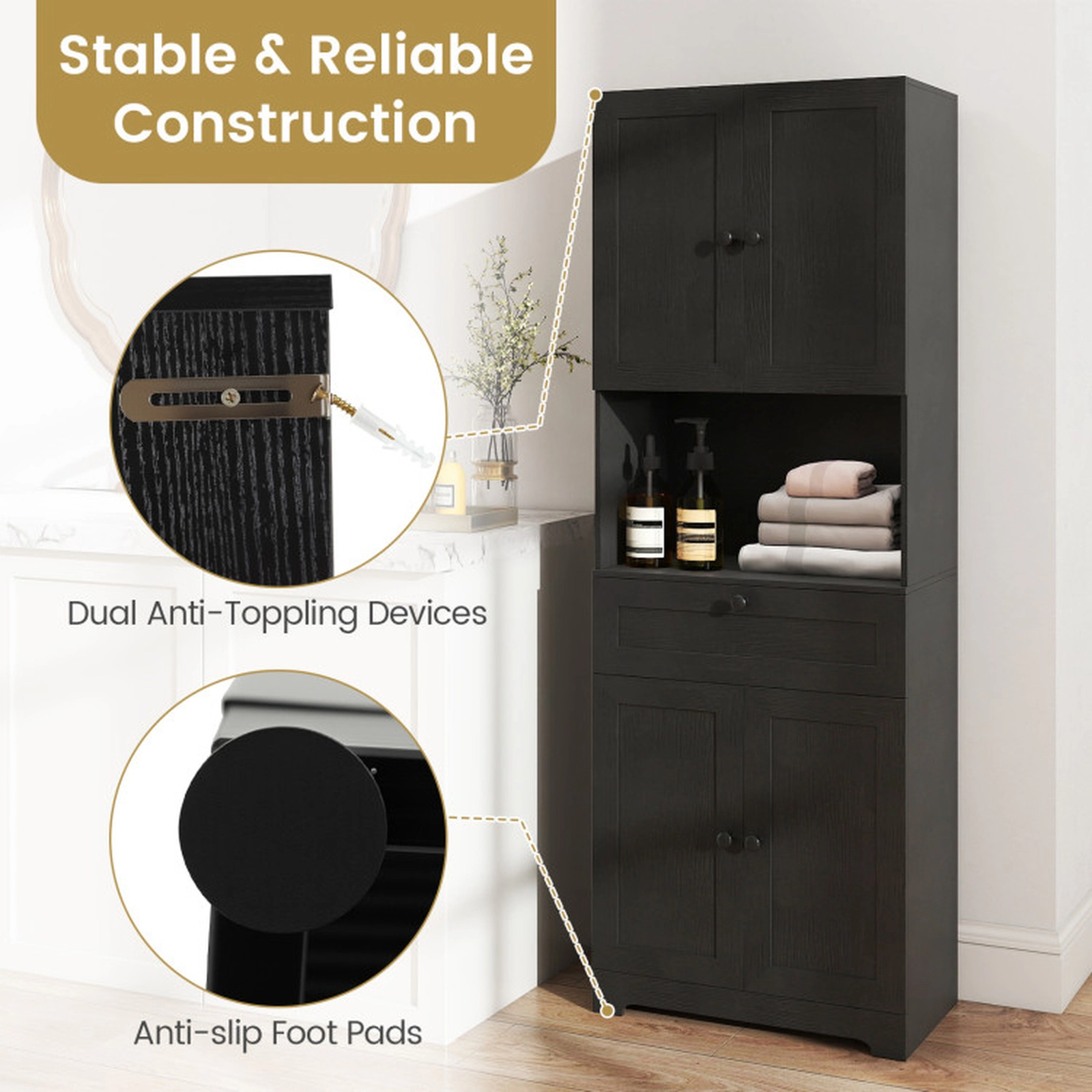 SUGIFT Tall Freestanding Floor Storage Cabinet with 4 Doors 1 Drawer 243-lb Capacity Black