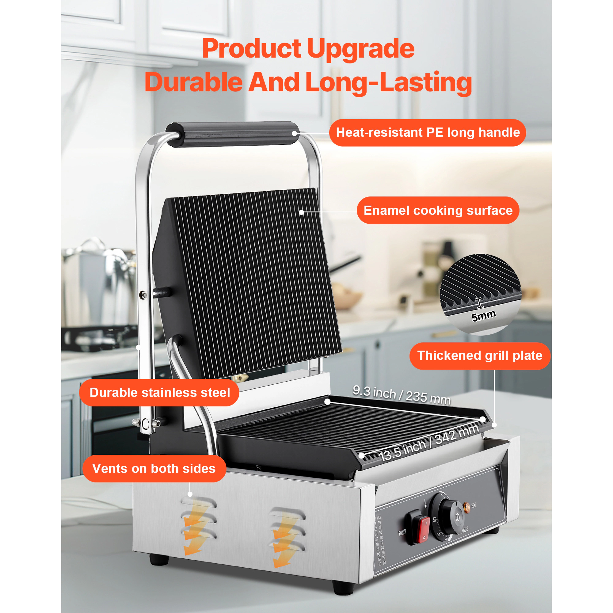 HONGGE Commercial Panini Grill 1800W Electric Sandwich Panini Maker Stainless Steel Sandwichs Press with Handle and