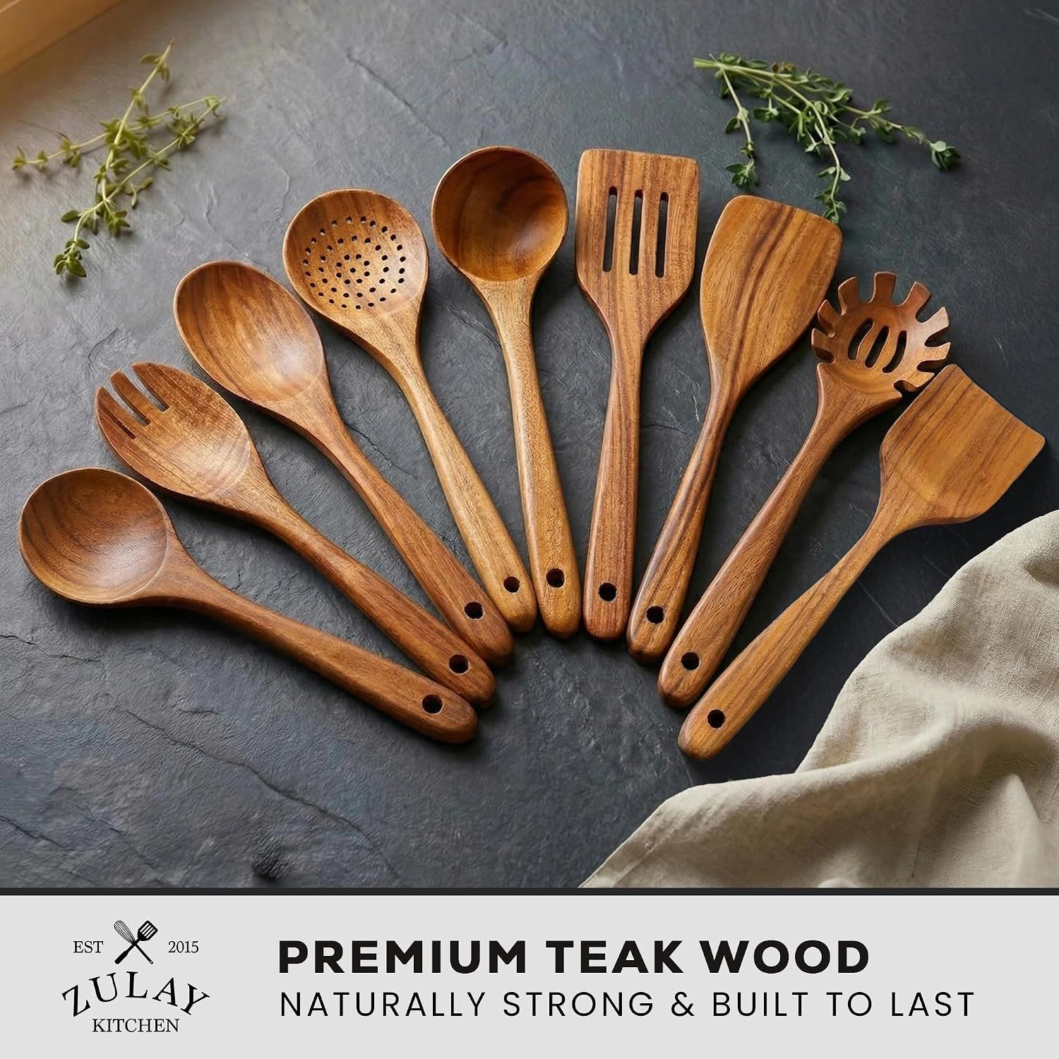 Zulay Kitchen 9-Piece Teak Wooden Utensils for Cooking - Smooth Finish Natural Teak Utensil Set
