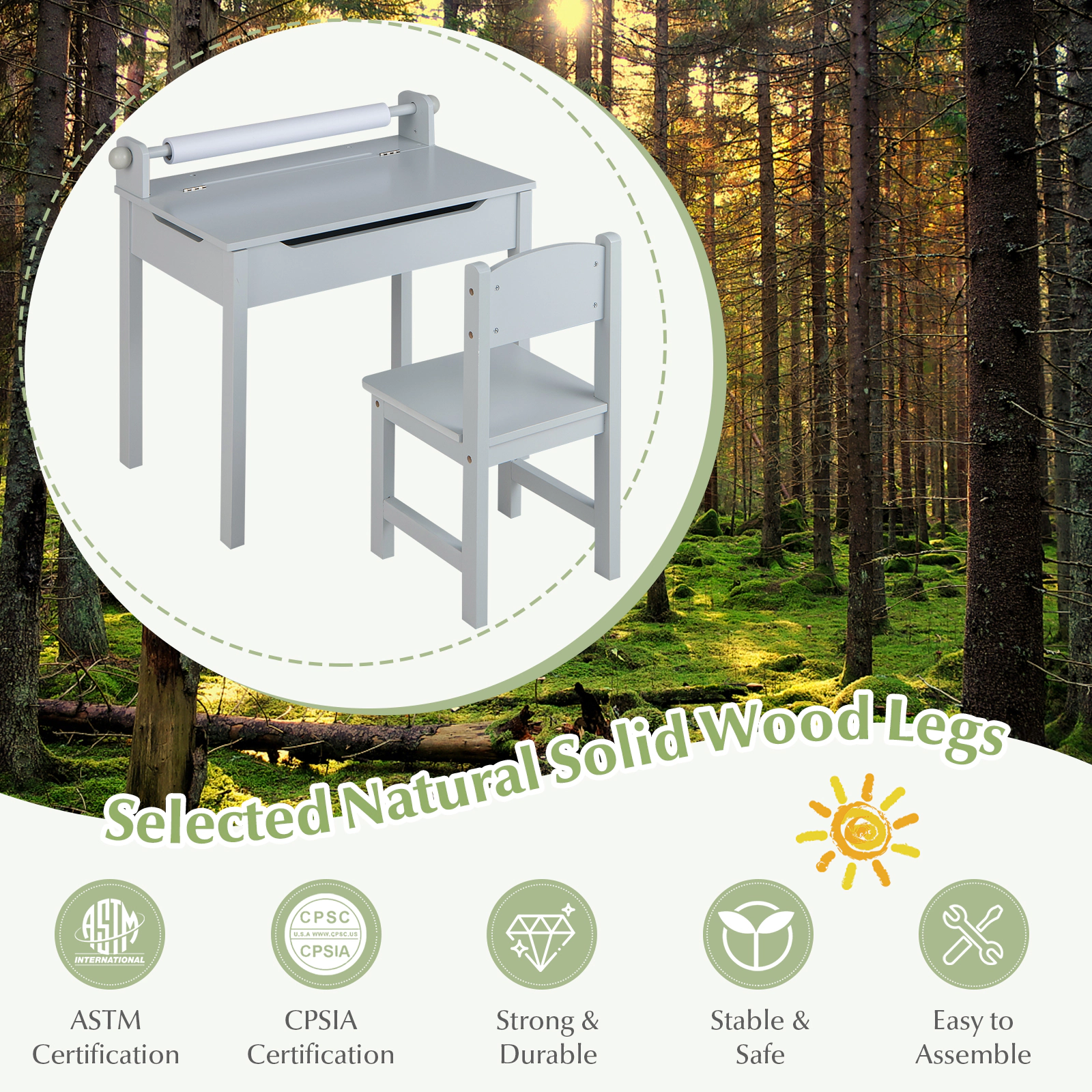 SUGIFT Gray Paper Roll Holder and Flip-Top Storage Wooden Kids Table and Chair Set