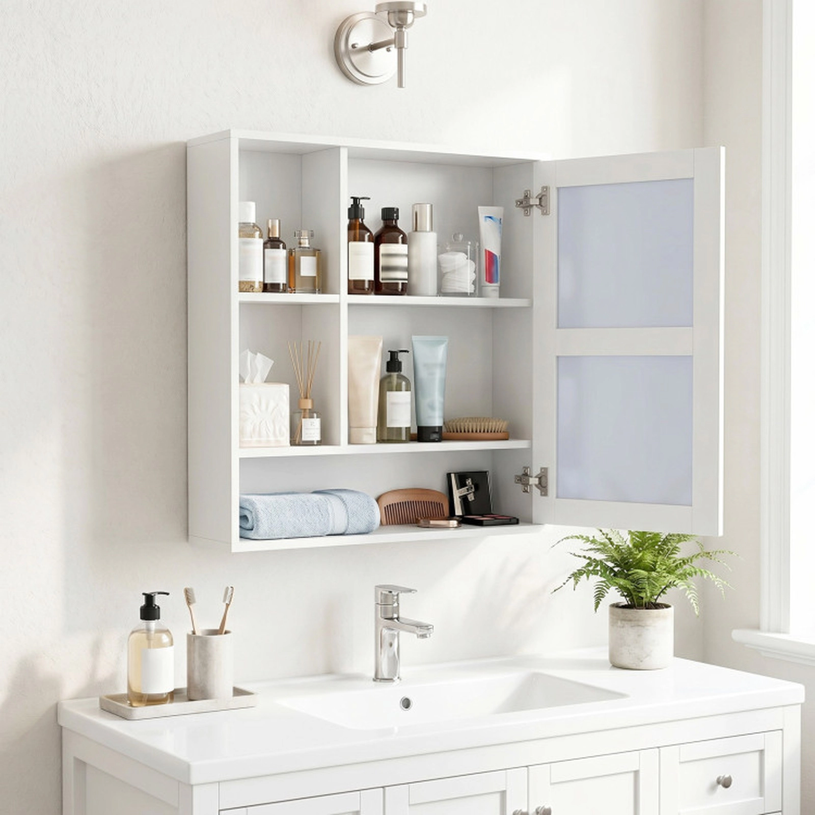 SUGIFT Wall-Mounted Engineered Wood Mirror Cabinet with Hidden and Open Storage 22-lb Countertop Capacity White