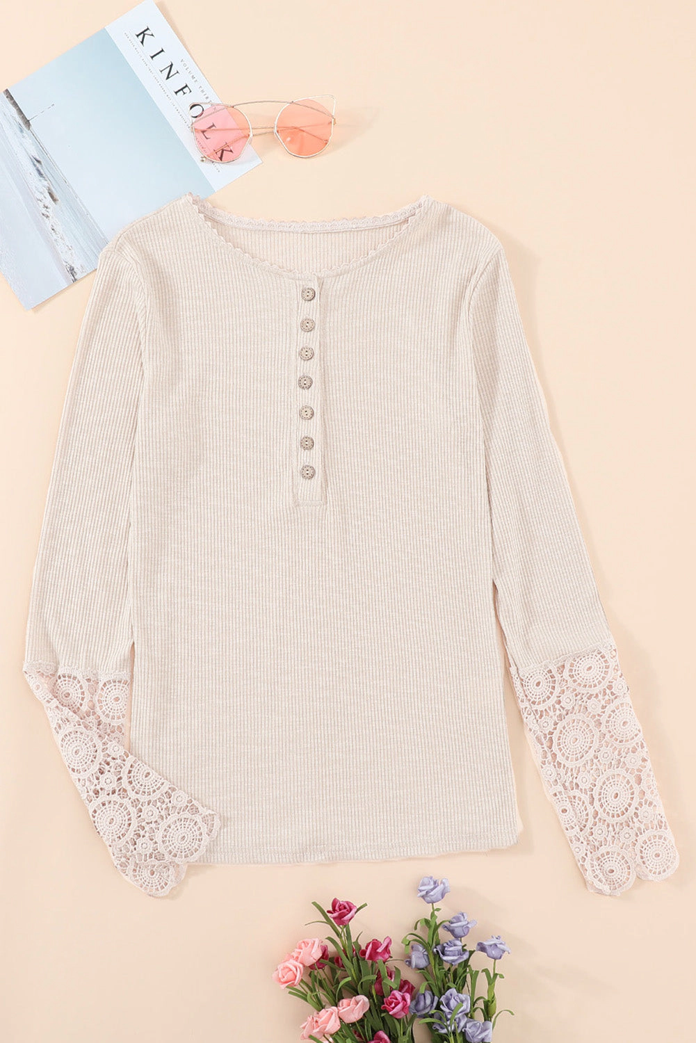 Threaded Pear Women's Denver Lace Hem Sleeve Top