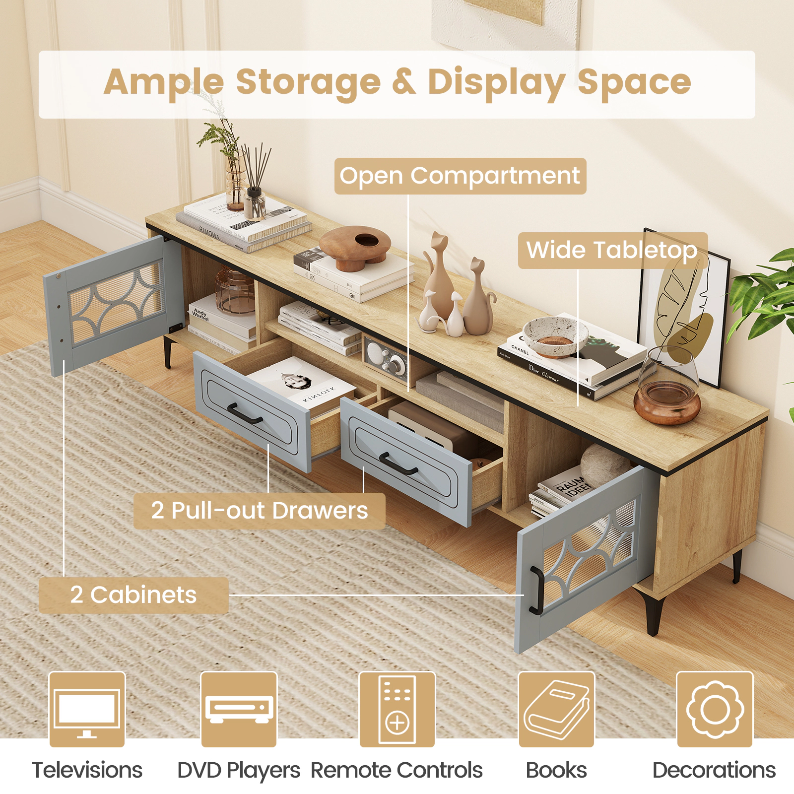 SUGIFT Farmhouse TV Stand for TVs up to 80 Inch with 2 Drawers and Cabinets 110-lb Tabletop Capacity Oak and Gray