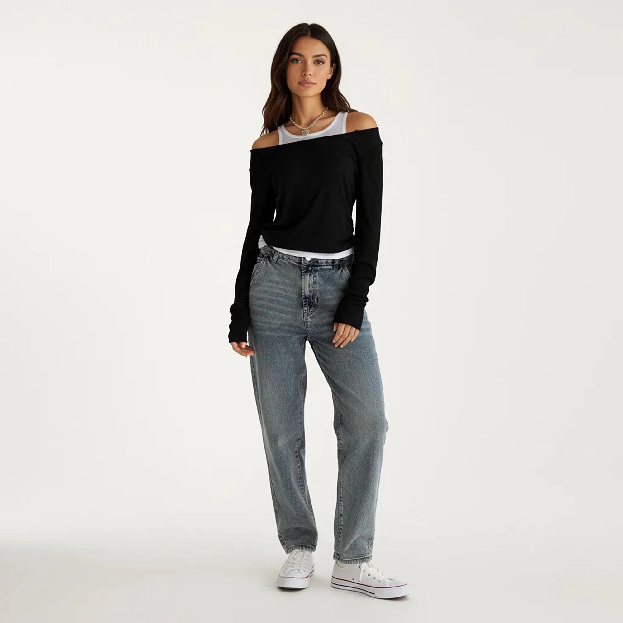 Anna-Kaci Women's Off Shoulder Long Sleeve Layered Knit Top with Relaxed Fit