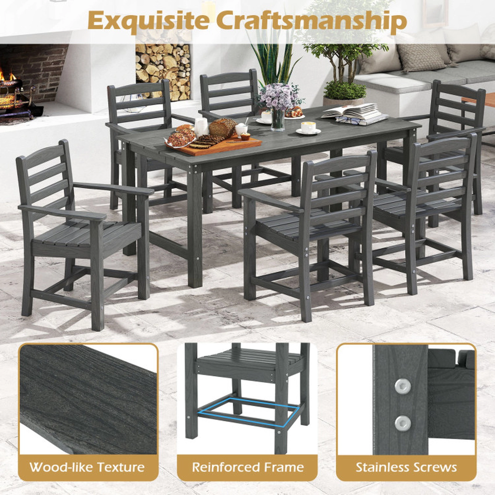 SUGIFT Set of 2 Gray HDPE Adirondack Patio Dining Chairs with Wide Arms