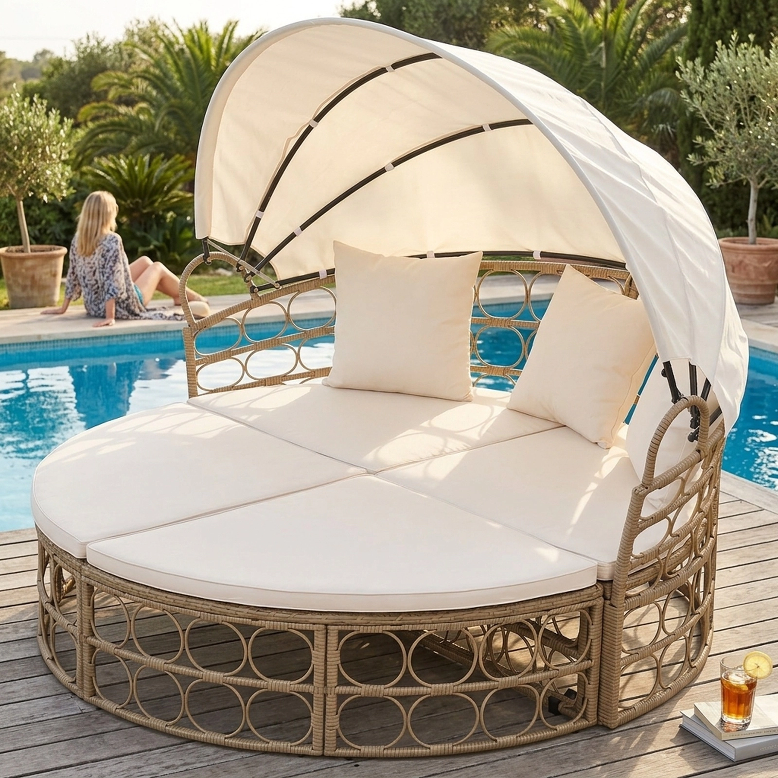 SUGIFT 66-Inch Round Outdoor Daybed with Retractable Canopy, Yellow PE Rattan Wicker