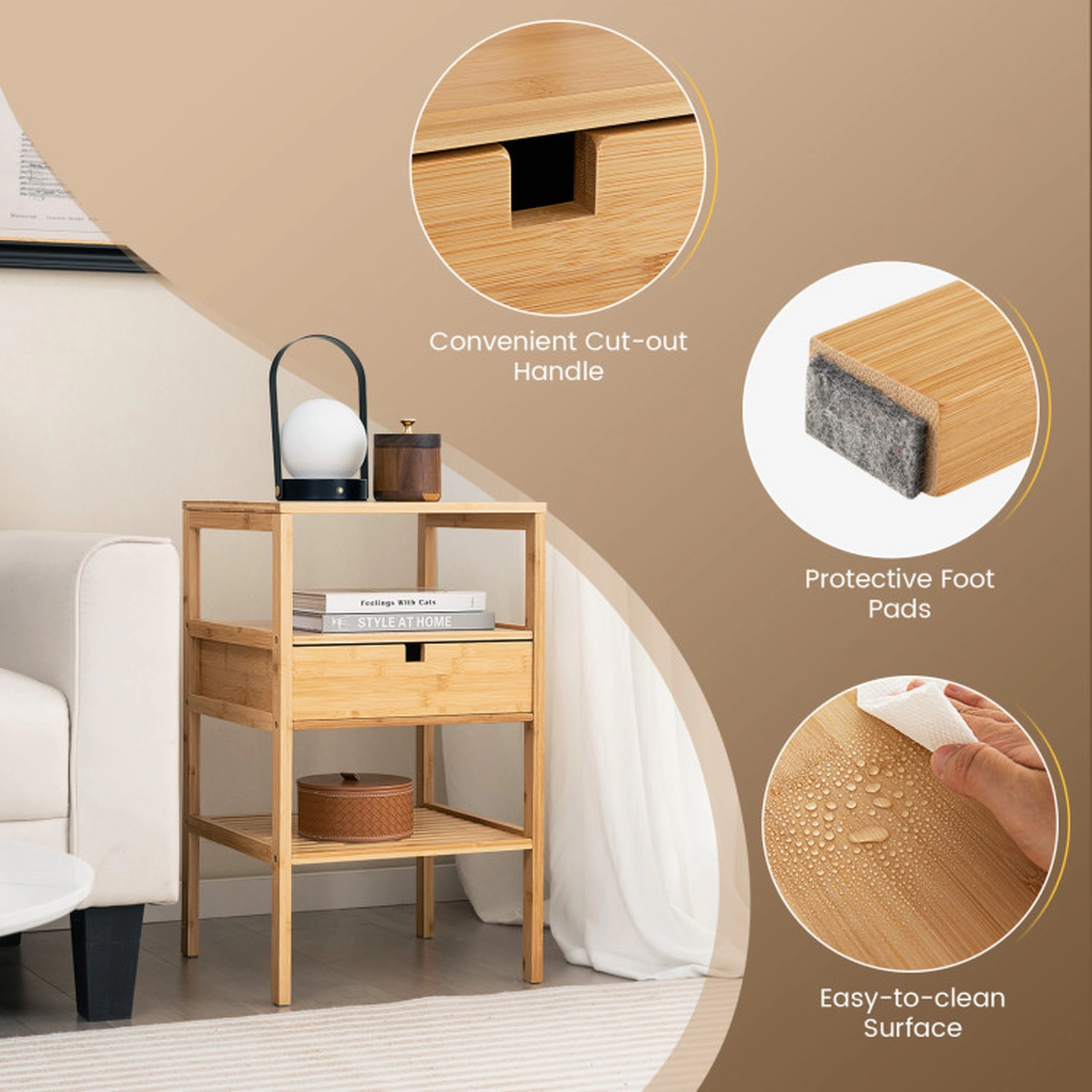 SUGIFT Bamboo Nightstand with Storage Drawer and Slatted Shelf 66-lb Tabletop Capacity Natural