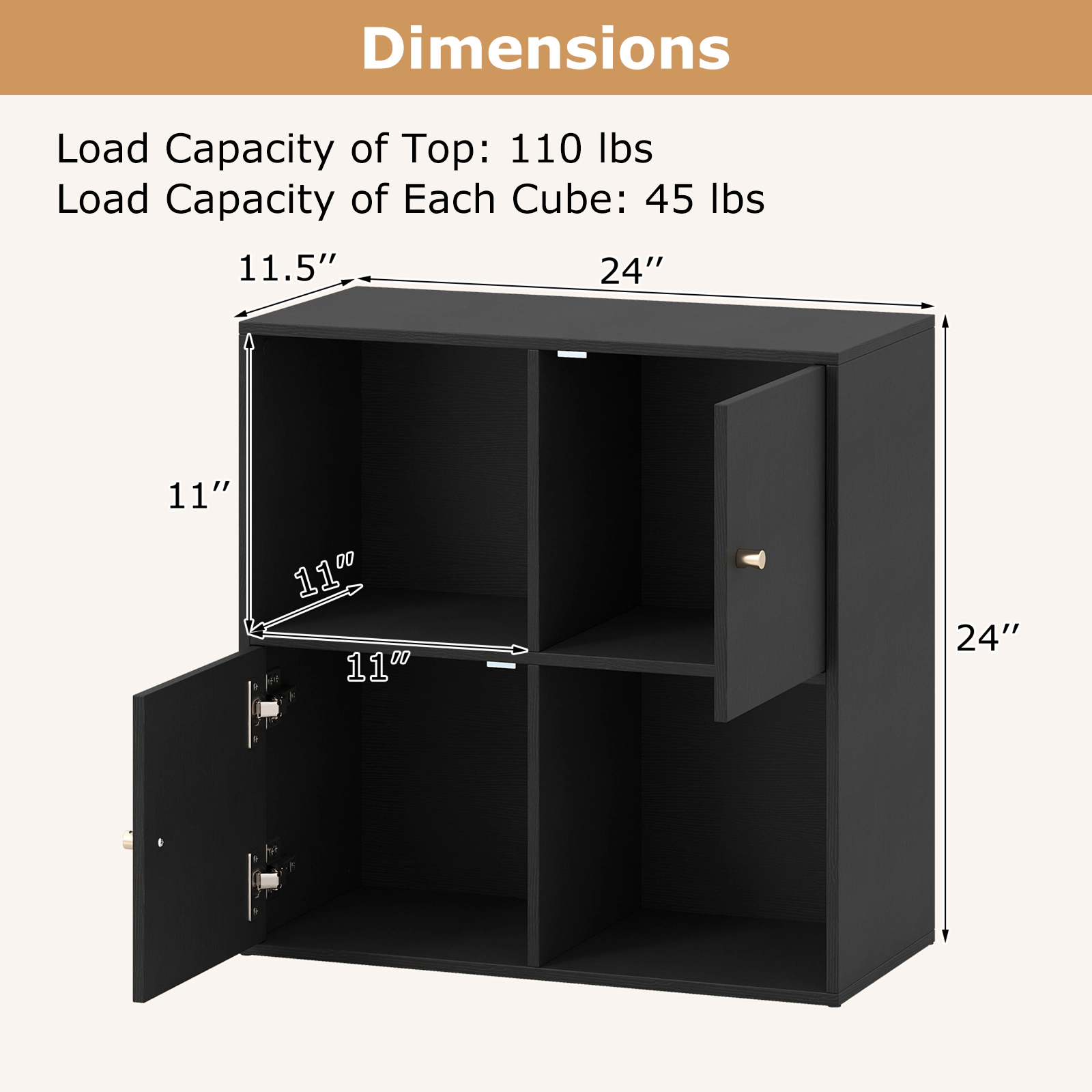 Costway 4-cube Bookcase, Floor Standing Display Cabinet with 2 Open Cubes, Enclosed Cubes Black