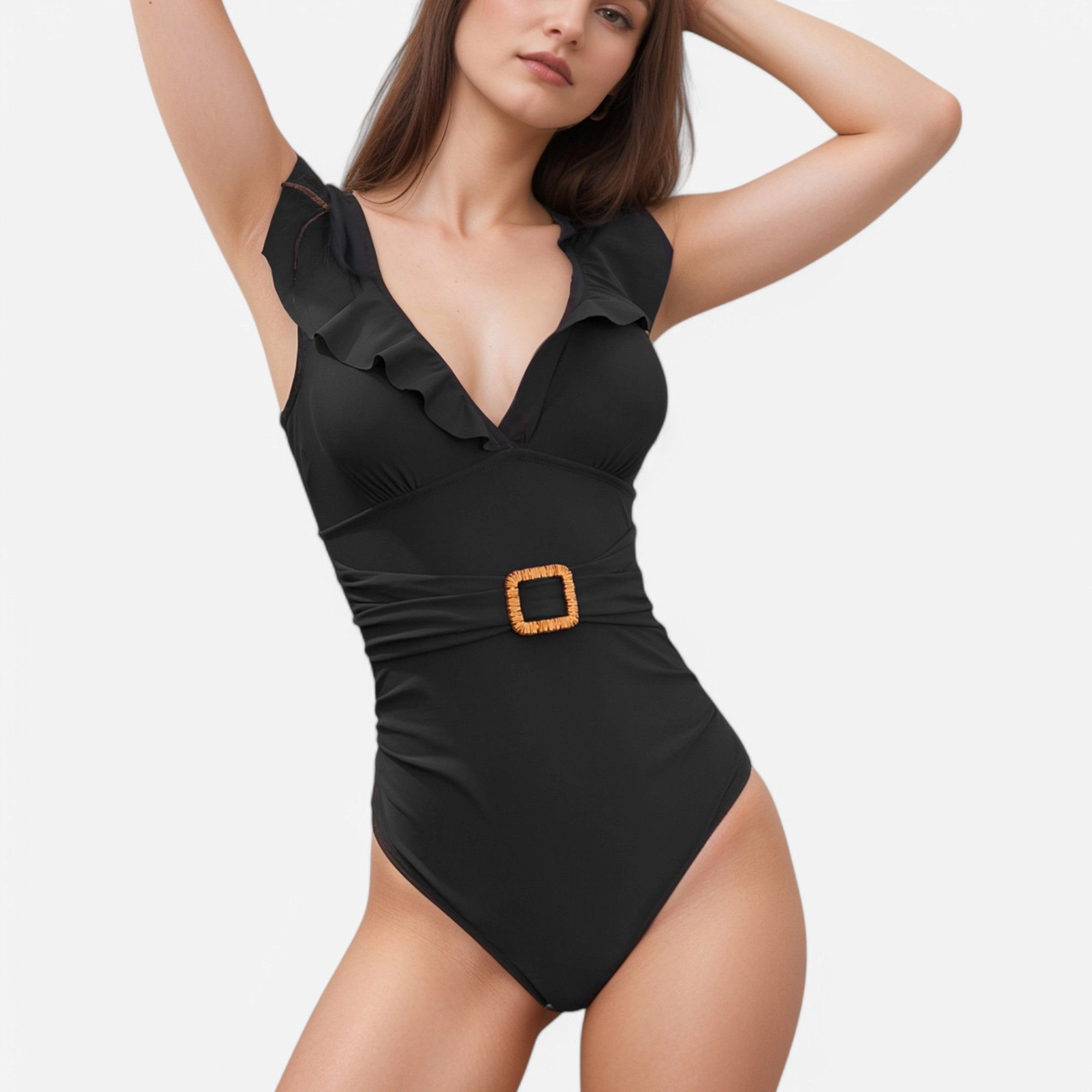 Anna-Kaci Women Ruffle Trim One-Piece Swimsuit - Deep V Neckline, Decorative Waist Belt