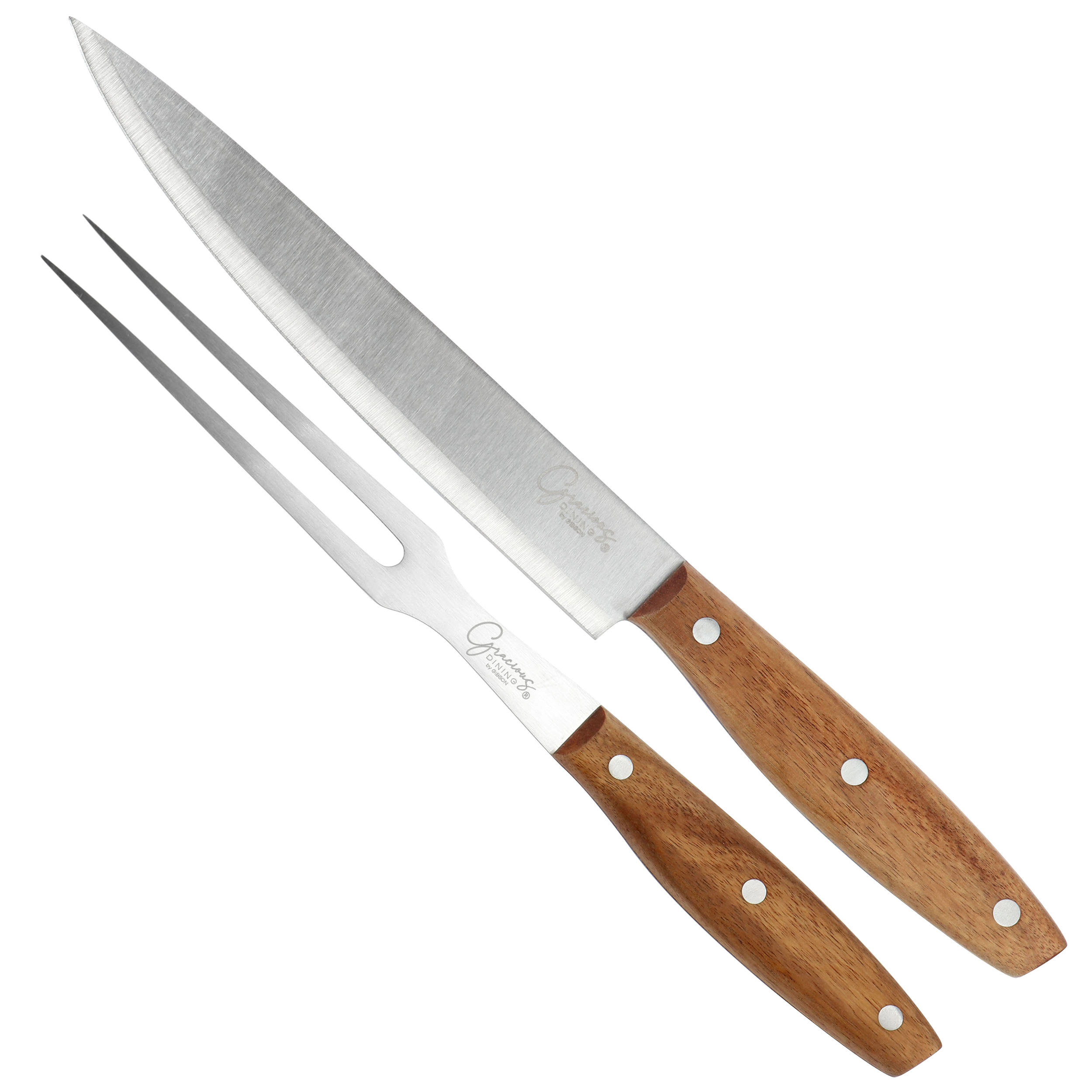 Gibson Elite 3 Piece Acacia Wood Serving Board with Carving Knife and Fork in Brown