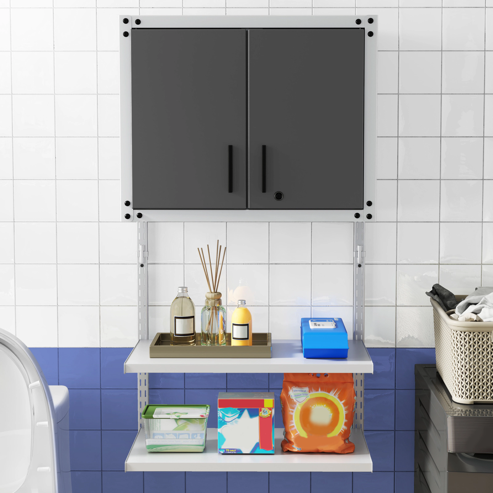 SUGIFT 2 Doors 3 Adjustable Shelves Lockable Metal Wall Cabinet 28.5-in x 14-in x 47-in 55-lb per Shelf Gray/White