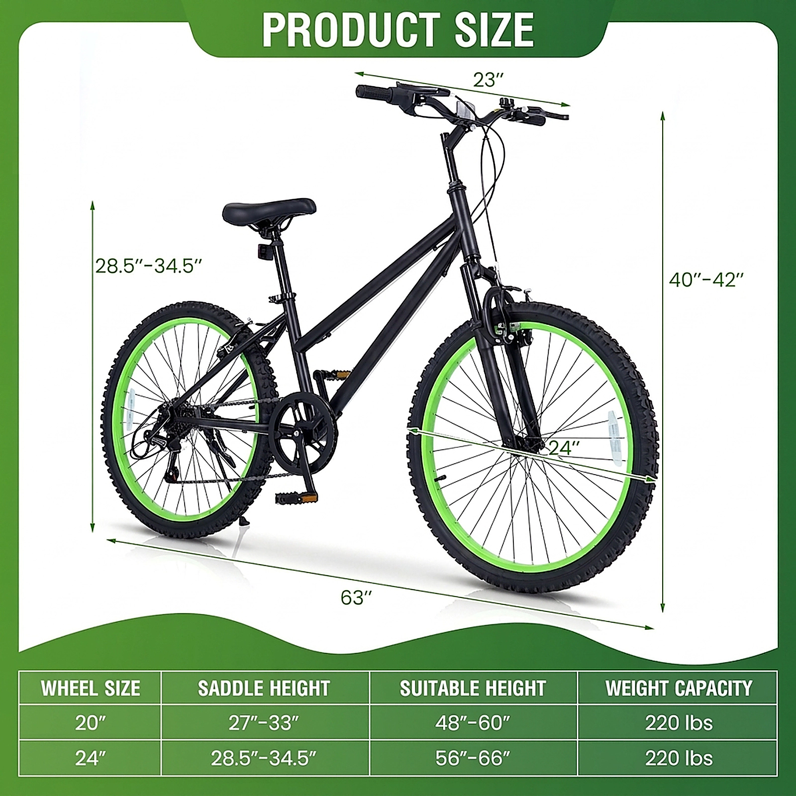 SUGIFT Adjustable 24-Inch Kids Mountain Bike with 7-Speed Derailleur and Suspension Fork 220-lb Capacity Ages 8+ Black