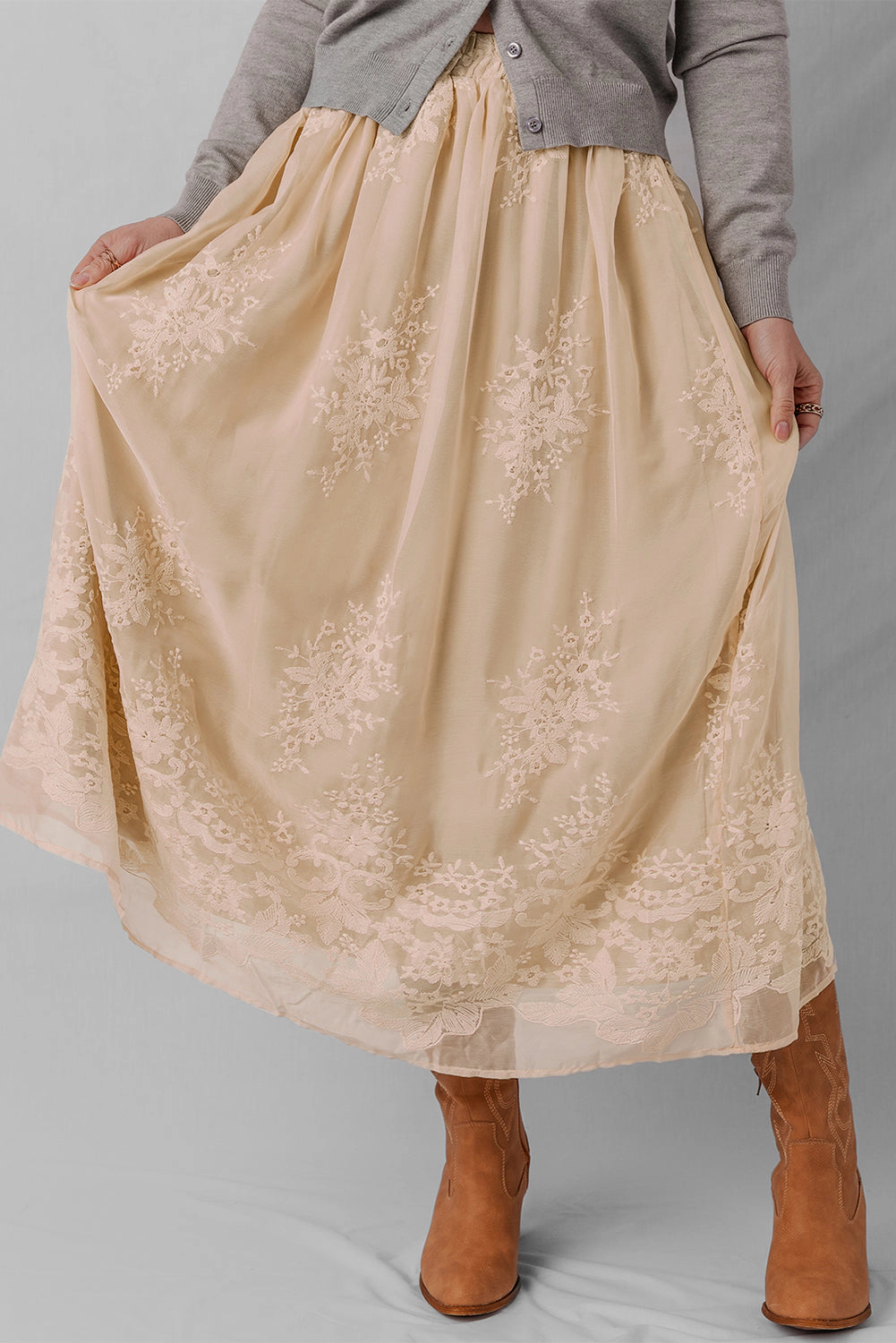 Threaded Pear Women's Vivienne Embroidered Mesh Overlay Long Skirt