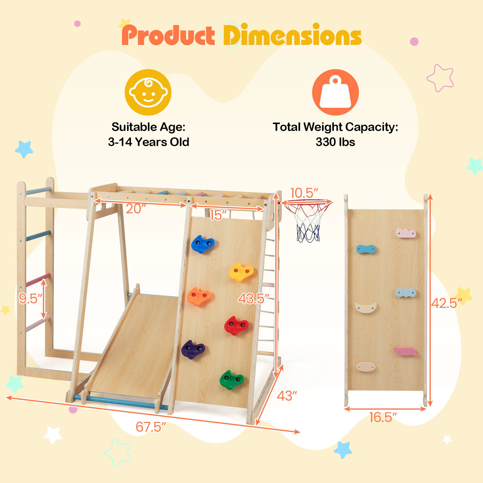 6-in-1 Kids Indoor Playground Jungle Gym Reversible Slide Rock Ramp Ball Rim Floor Anchors 330-lb Ages 3-14 Macaron