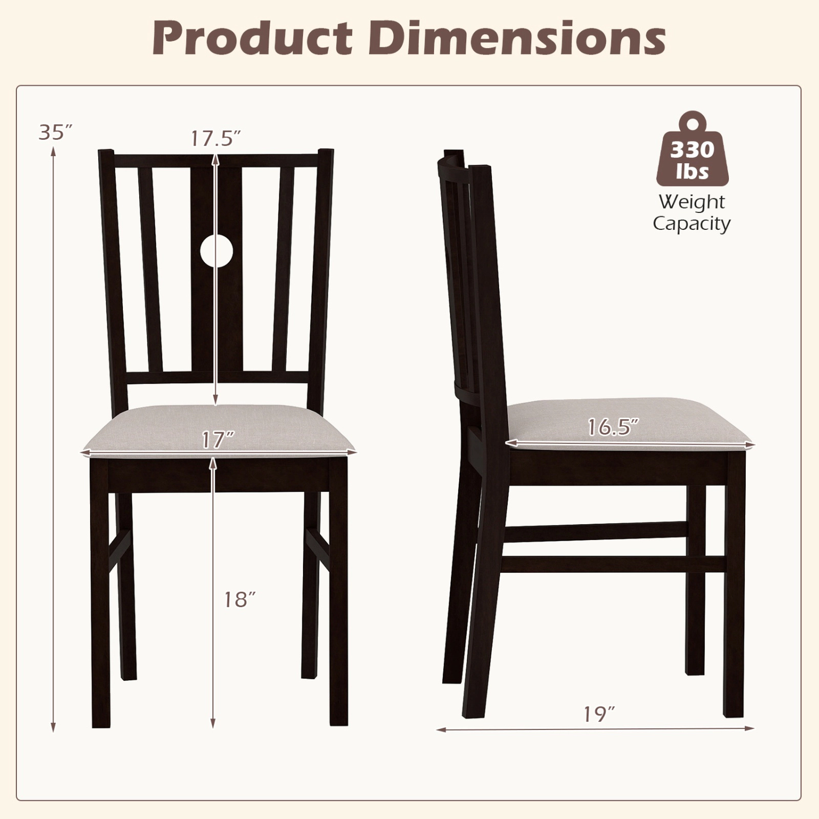 SUGIFT Set of 2 Rubber Wood Kitchen Dining Chairs 330-lb Capacity High Back Fabric Padded Seat Coffee Frame Beige Seat