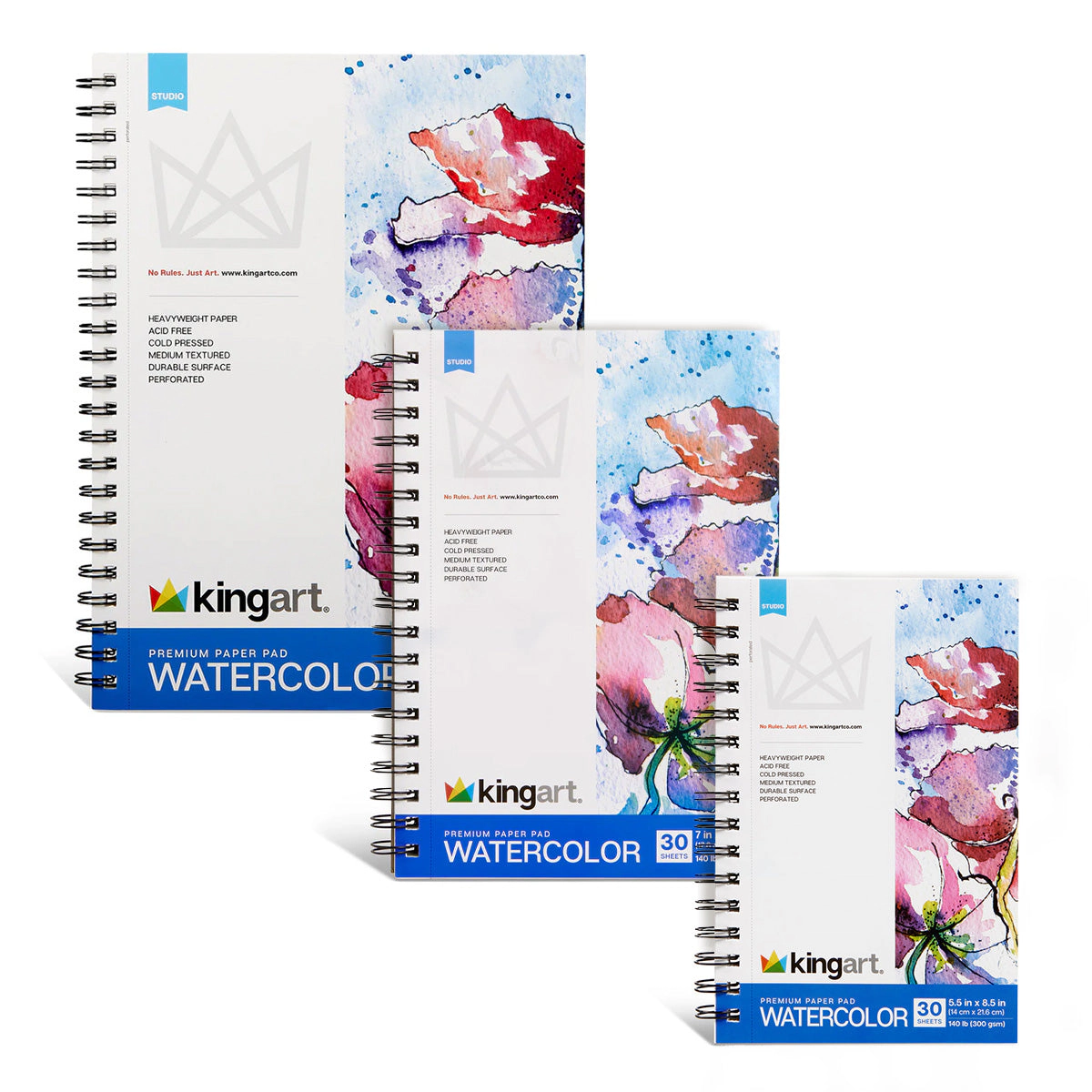 KINGART Watercolor Paper Pad Bundle 3-Pack - Cold Press 140lb (300gsm) - 5.5x8.5, 7x10, 9x12